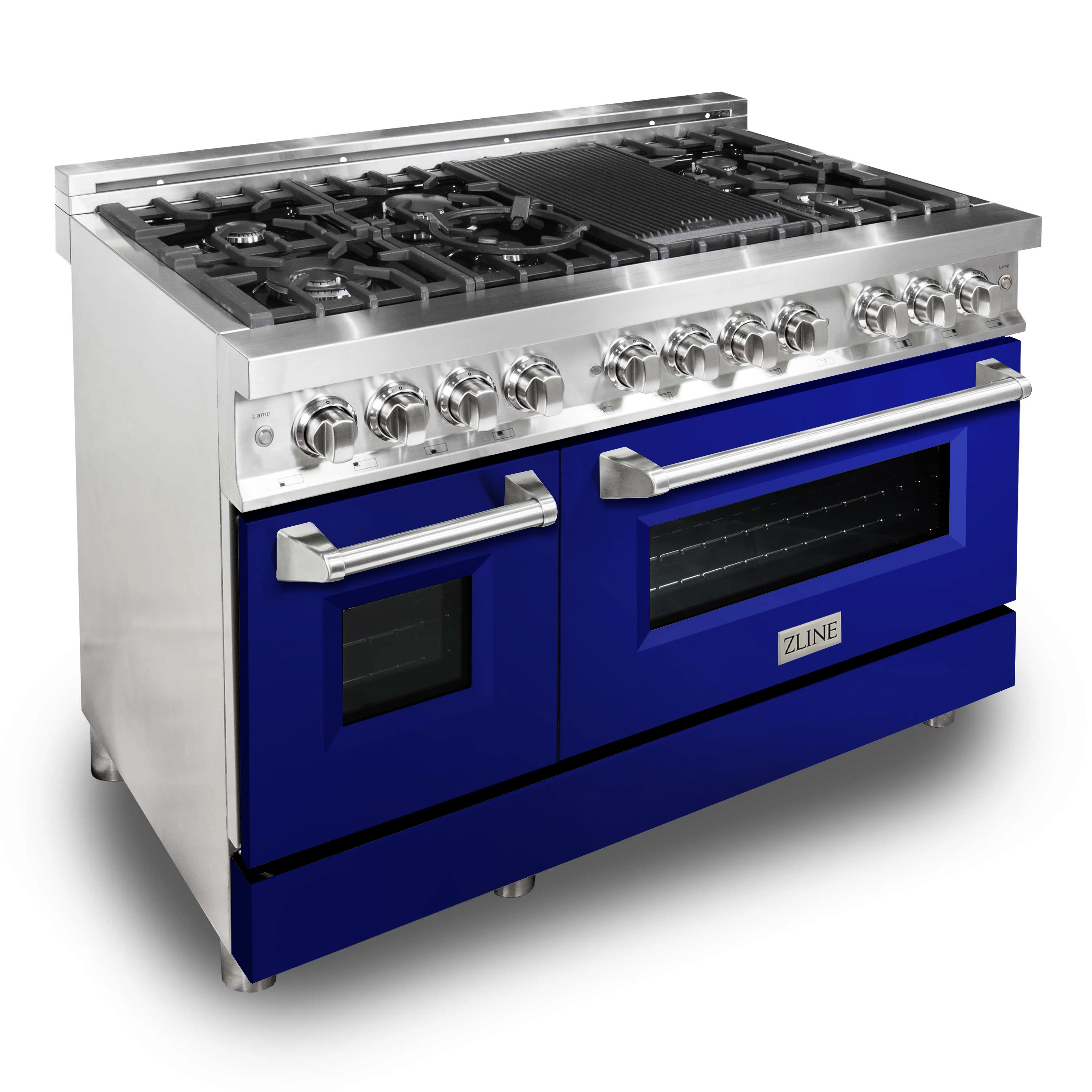 ZLINE 48 in. 6.0 cu. ft. Legacy Dual Fuel Range with 7 Burner Gas Cooktop and 2 Electric Ovens in Stainless Steel and Blue Gloss Doors (RA-BG-48) - Image 3