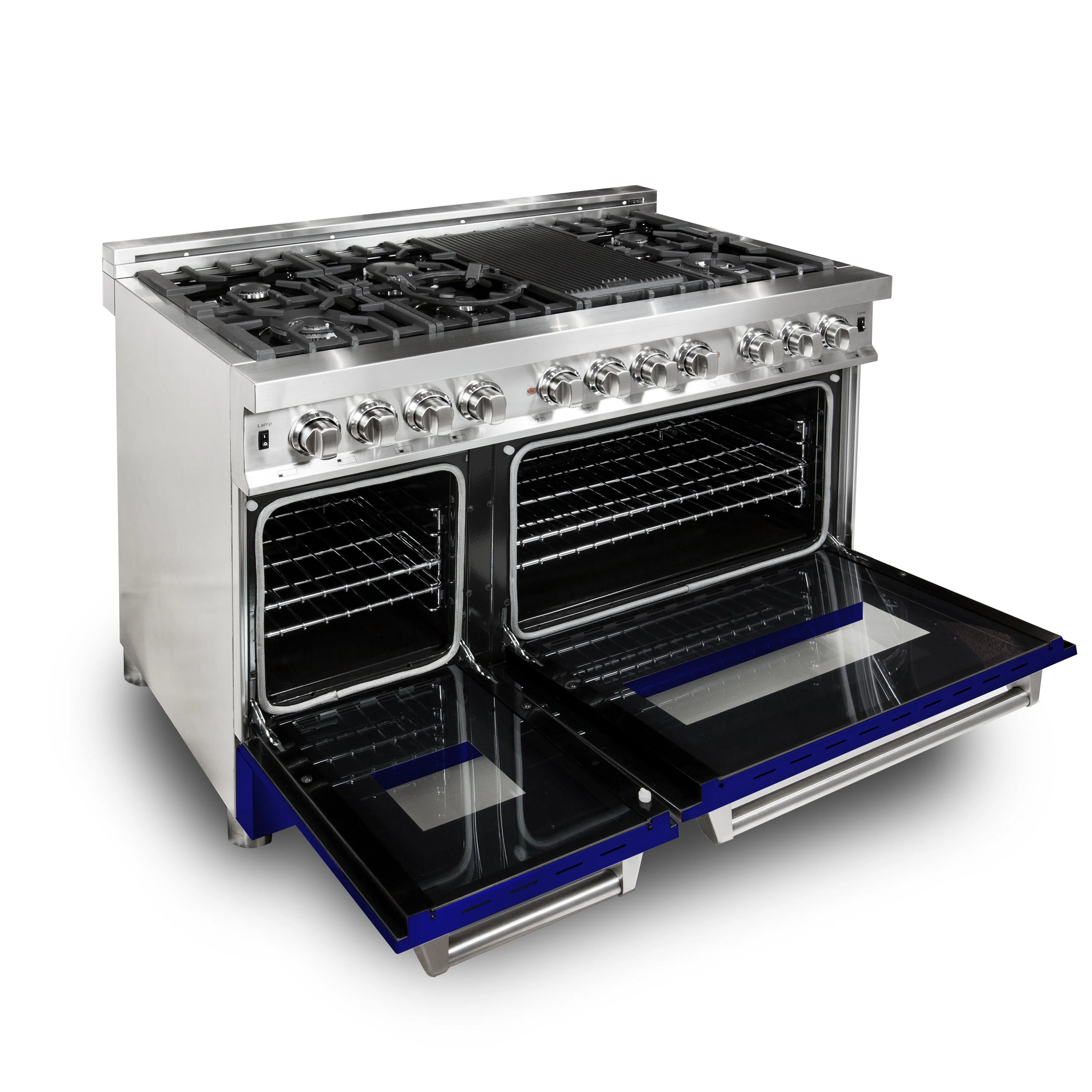 ZLINE 48 in. 6.0 cu. ft. Legacy Dual Fuel Range with 7 Burner Gas Cooktop and 2 Electric Ovens in Stainless Steel and Blue Gloss Doors (RA-BG-48) - Image 4