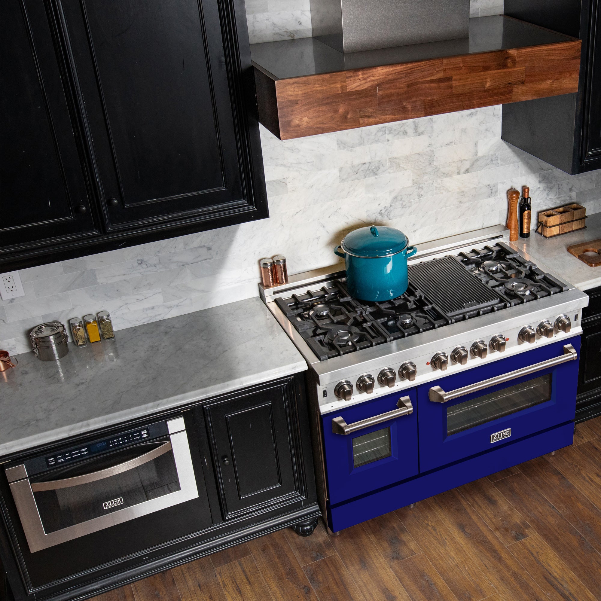 ZLINE 48 in. 6.0 cu. ft. Legacy Dual Fuel Range with 7 Burner Gas Cooktop and 2 Electric Ovens in Stainless Steel and Blue Matte Doors (RA-BM-48) - Image 2