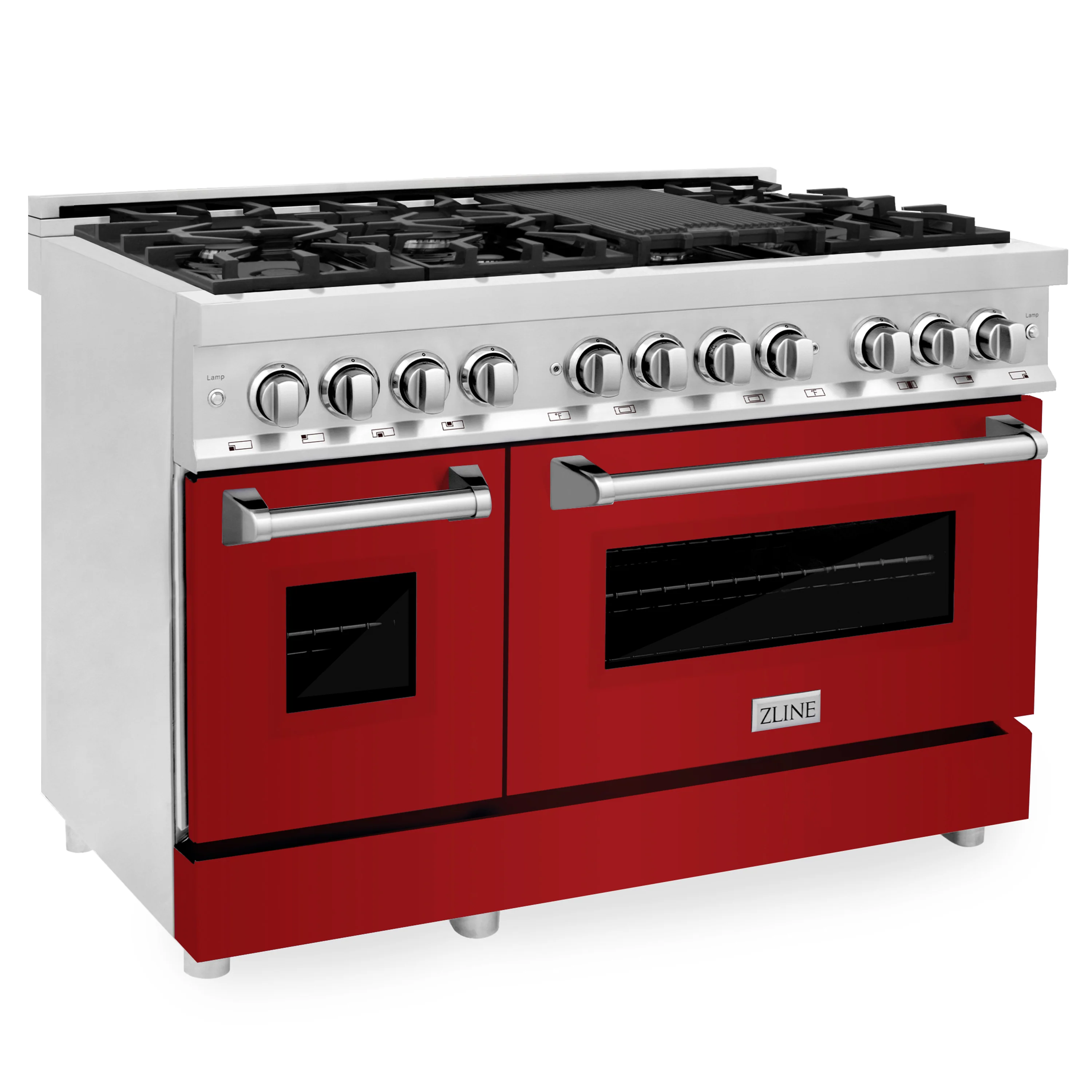ZLINE 48 in. 6.0 cu. ft. Legacy Dual Fuel Range with 7 Burner Gas Cooktop and 2 Electric Ovens in Stainless Steel and Red Gloss Doors (RA-RG-48) - Image 4