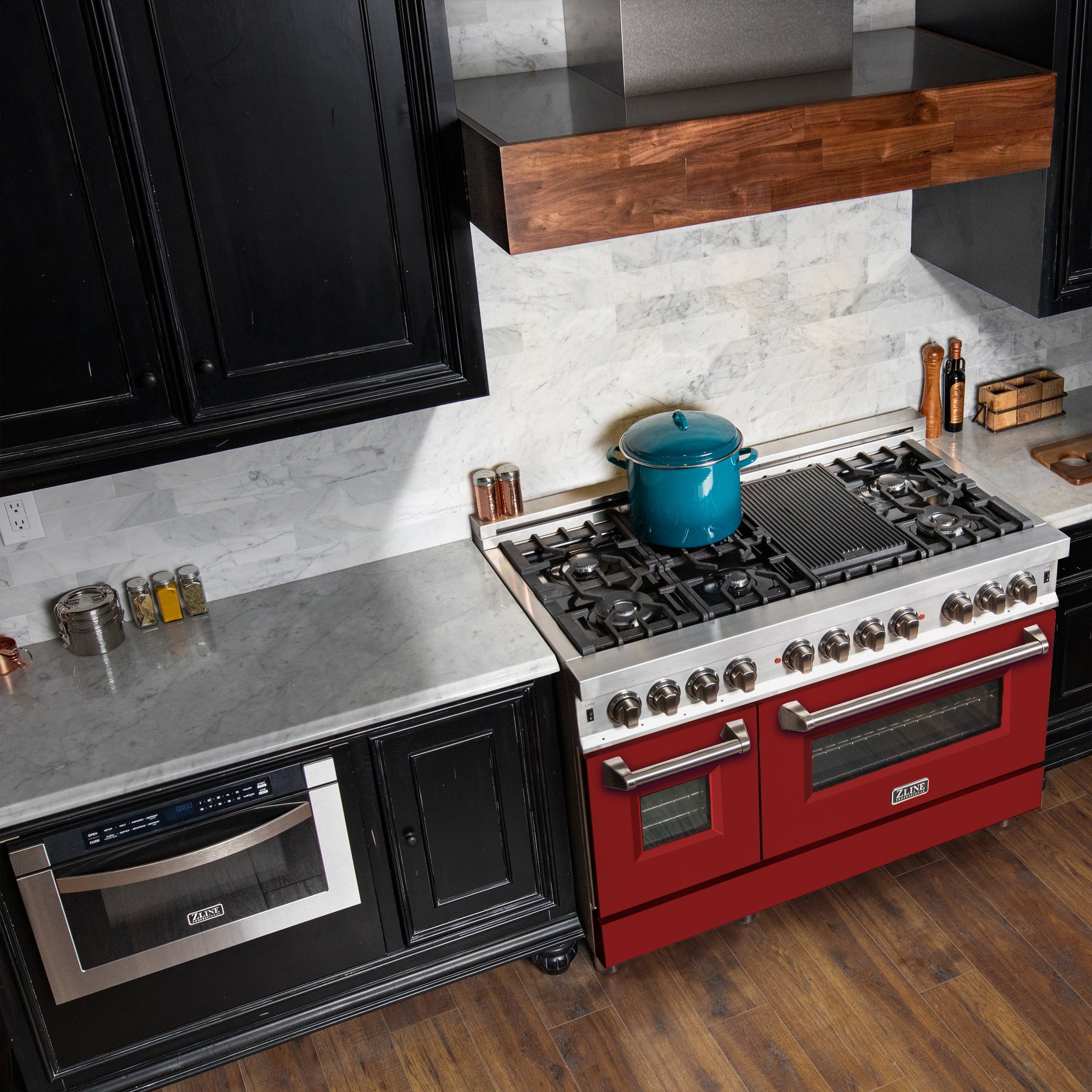 ZLINE 48 in. 6.0 cu. ft. Legacy Dual Fuel Range with 7 Burner Gas Cooktop and 2 Electric Ovens in Stainless Steel and Red Matte Doors (RA-RM-48) - Image 2