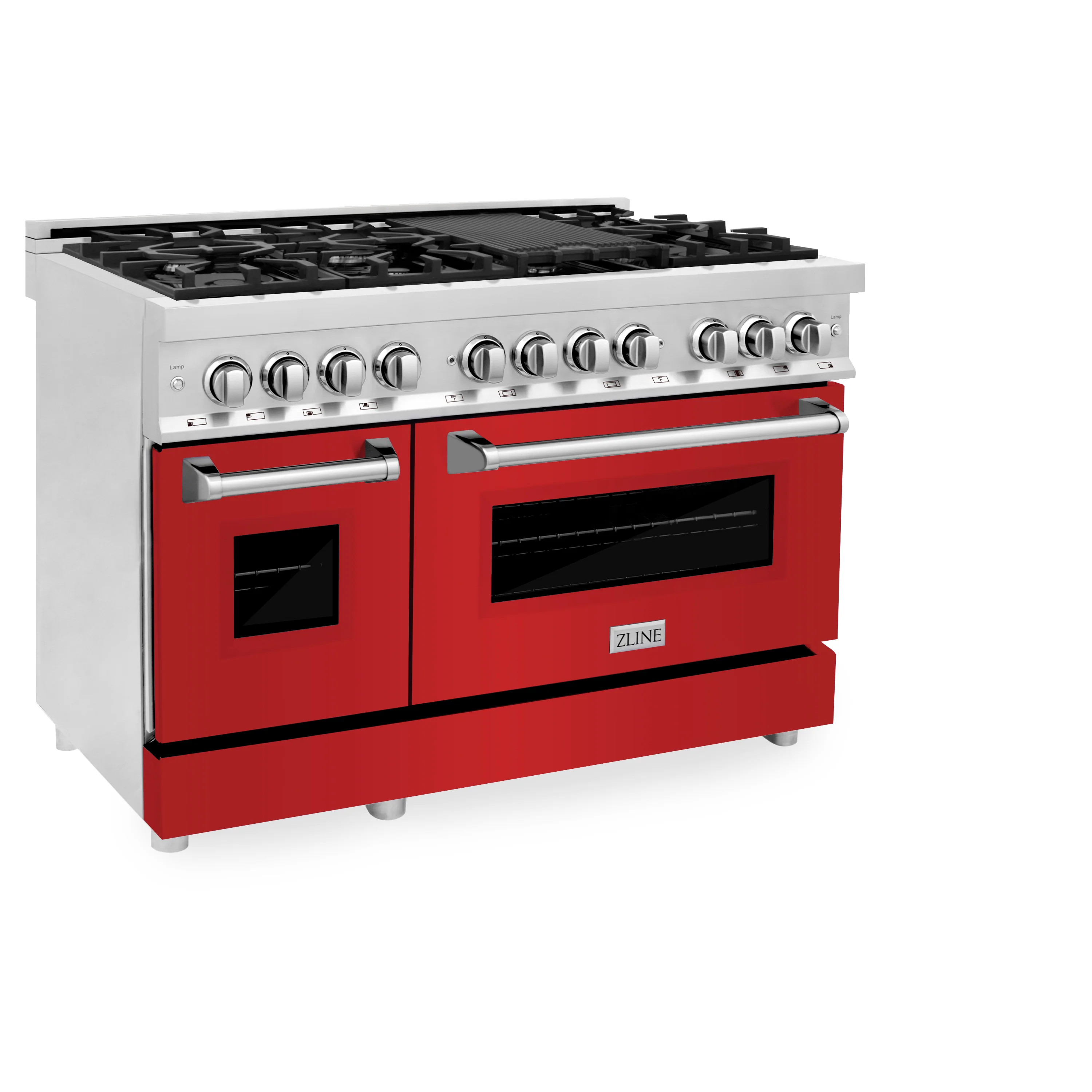 ZLINE 48 in. 6.0 cu. ft. Legacy Dual Fuel Range with 7 Burner Gas Cooktop and 2 Electric Ovens in Stainless Steel and Red Matte Doors (RA-RM-48) - Image 3