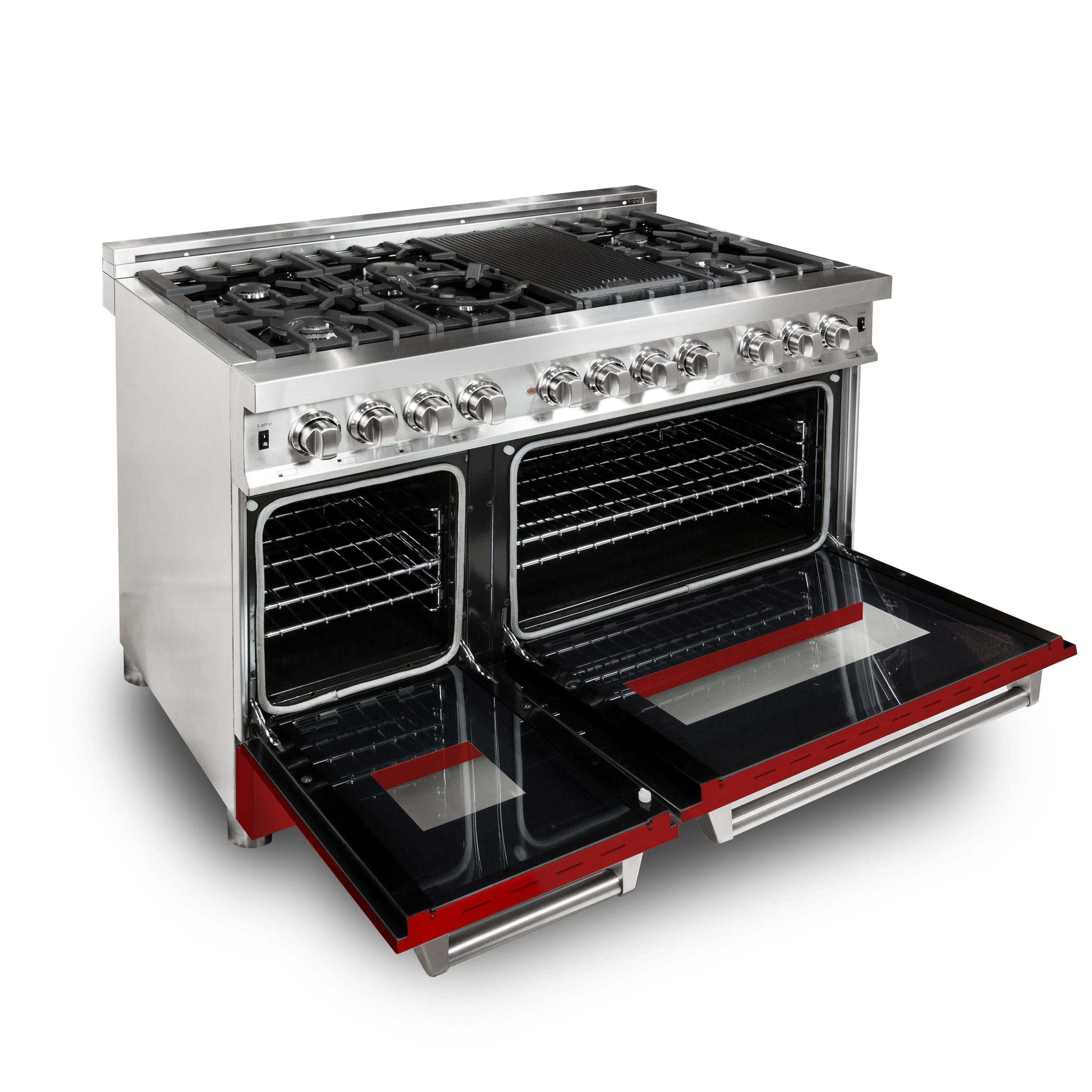 ZLINE 48 in. 6.0 cu. ft. Legacy Dual Fuel Range with 7 Burner Gas Cooktop and 2 Electric Ovens in Stainless Steel and Red Matte Doors (RA-RM-48) - Image 4