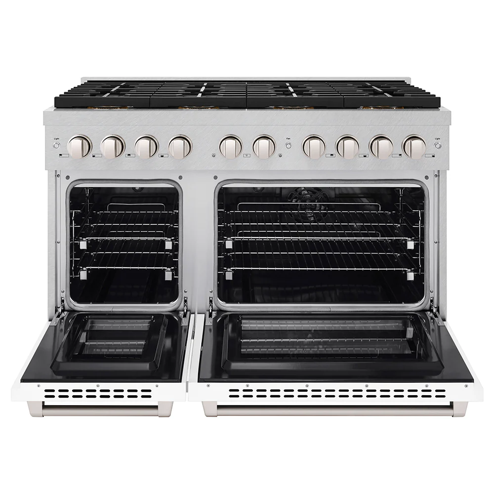 ZLINE 48 in. 6.7 cu. ft. Paramount Dual Fuel Range with 8 Burner DuoPro™ Cooktop and Dual Ovens in Satin Stainless Steel with White Matte Doors (PSDRS-WM-48) - Image 4