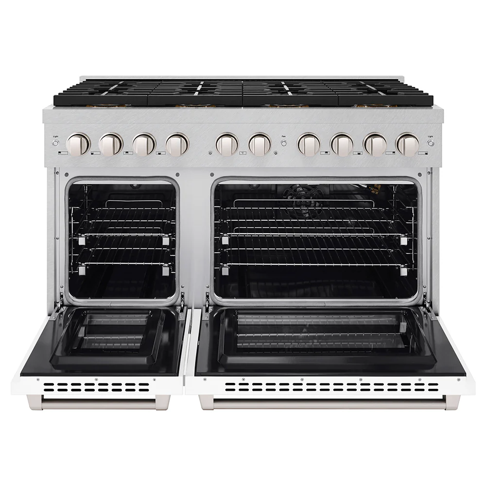 ZLINE 48 in. 6.7 cu. ft. Paramount Gas Range with 8 Burner DuoPro™ Cooktop and Dual Ovens in Satin Stainless Steel with White Matte Doors (PSGRS-WM-48) - Image 4