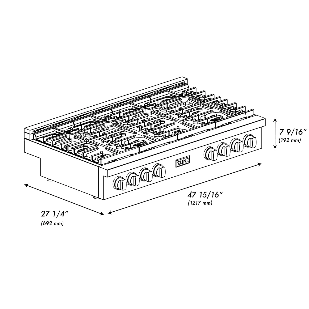 ZLINE 48 in. Paramount Gas Rangetop with 8 Burners and Porcelain Cooktop in Black Satin Stainless Steel (SRTBS-48) - Image 12