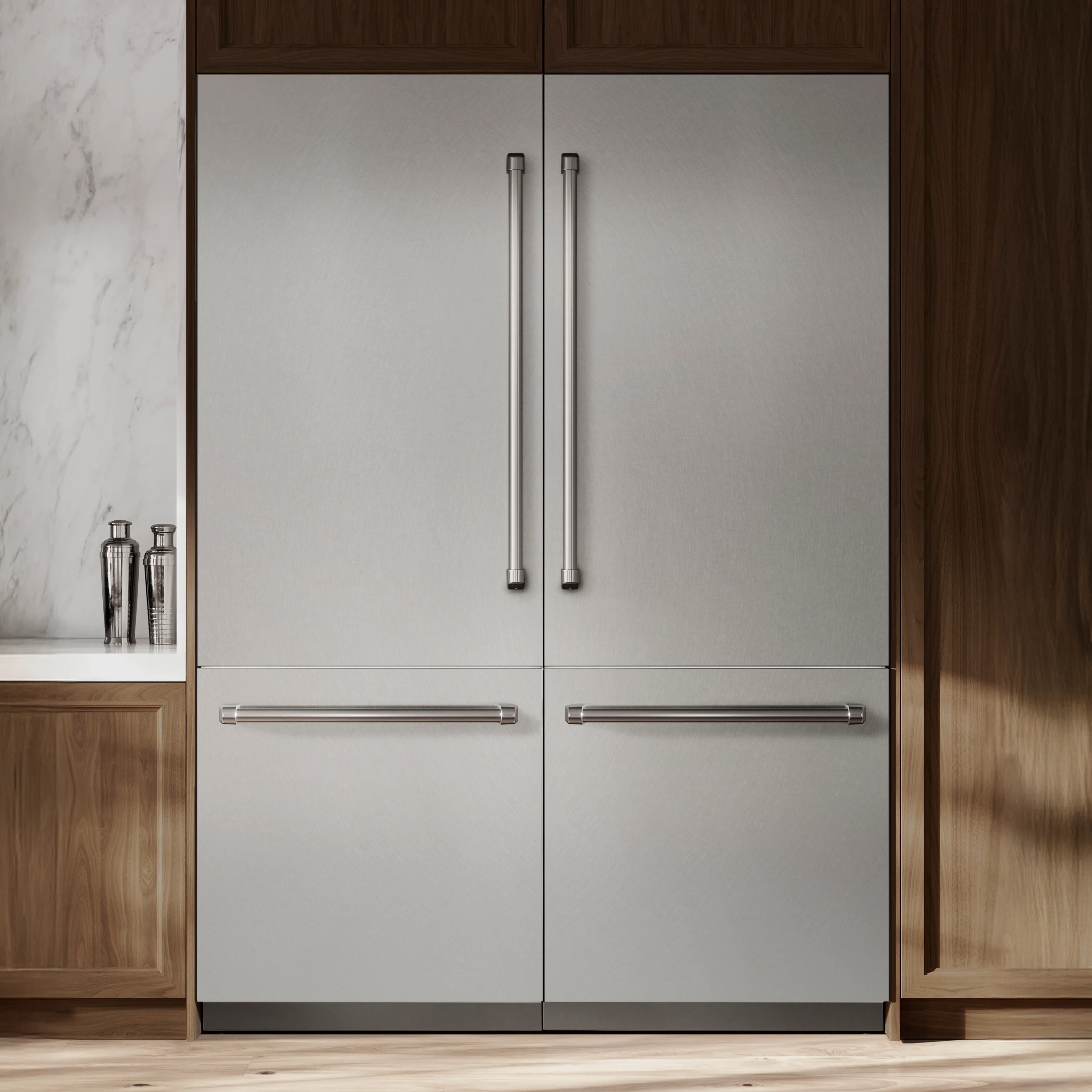 ZLINE 60 in. 32.2 cu. ft. French Door Built-In Bottom Freezer Refrigerator with Water Dispensers and Ice Makers in Satin Stainless Steel with Graphite Gray Interior (GRBIV-SN-60) - Image 2