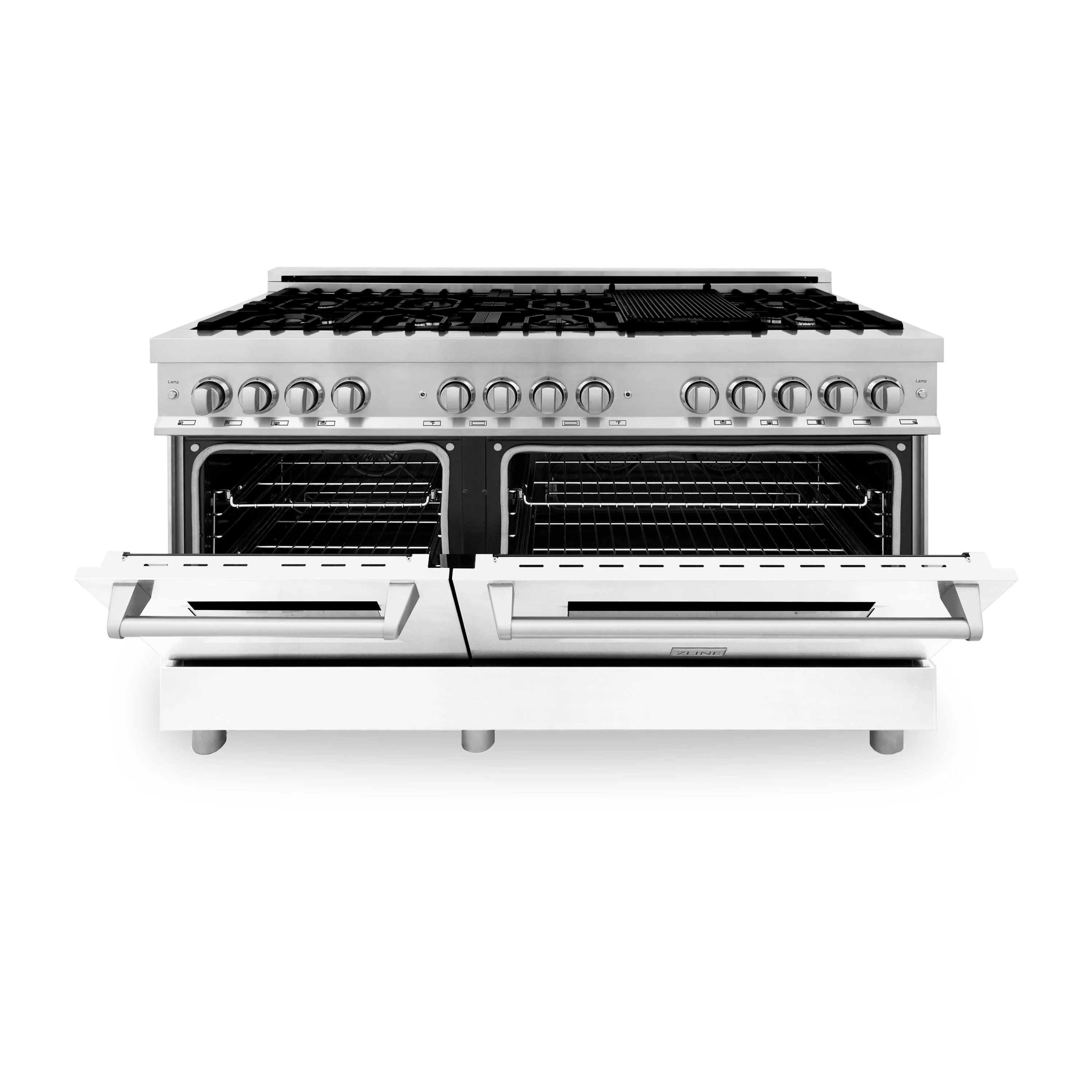 ZLINE 60 in. 7.4 cu. ft. Legacy Dual Fuel Range with 9 Burner Gas Cooktop and 2 Electric Convection Ovens in Stainless Steel with Griddle and White Matte Doors (RA-WM-GR-60) - Image 3