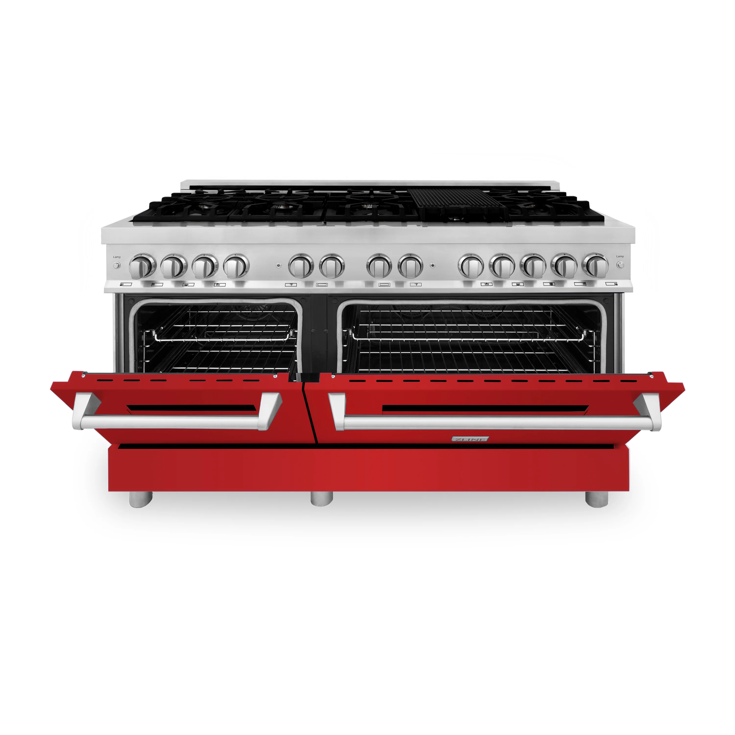 ZLINE 60 in. 7.4 cu. ft. Legacy Dual Fuel Range with 9 Burner Gas Cooktop and 2 Electric Convection Ovens in Stainless Steel and Red Matte Doors (RA-RM-60) - Image 3