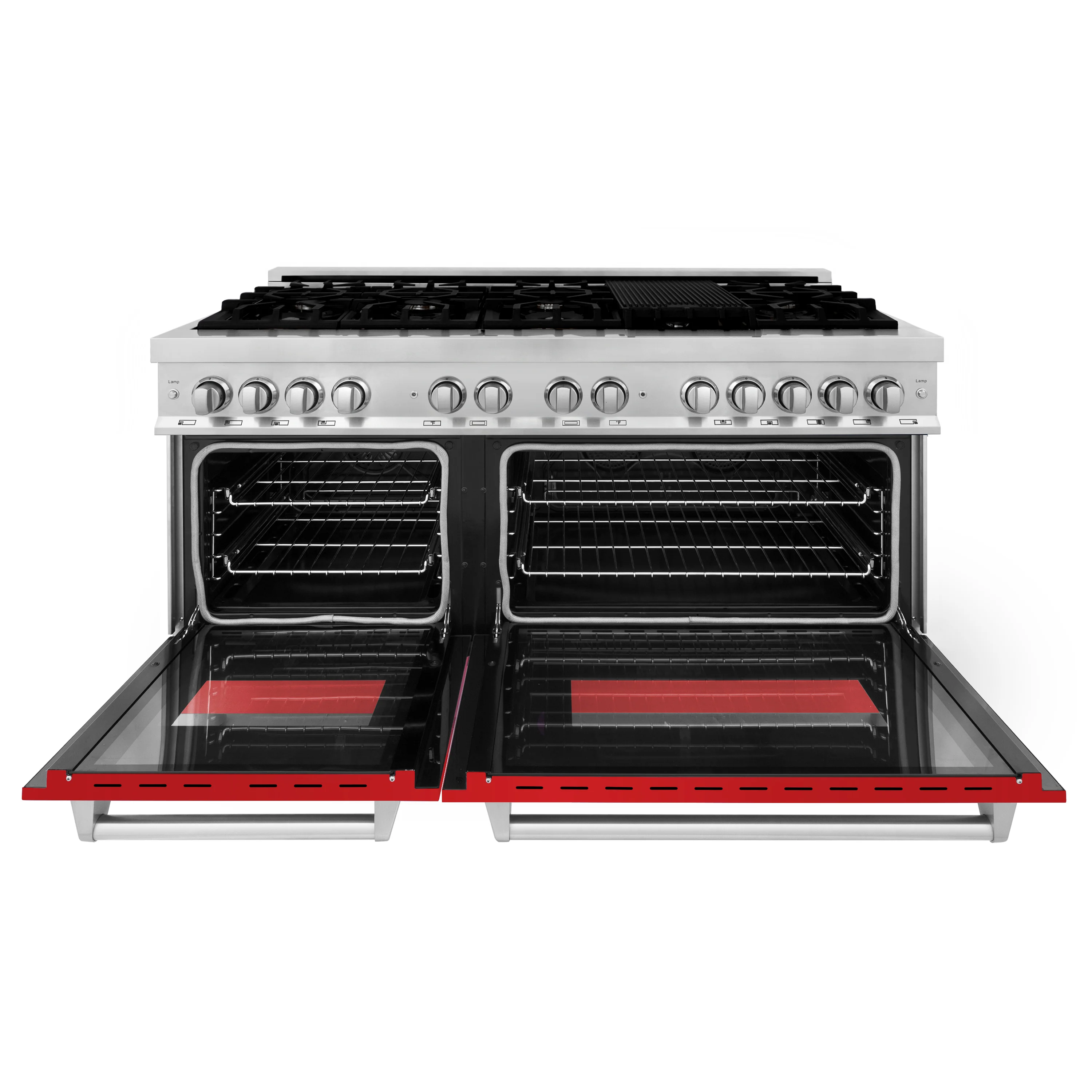 ZLINE 60 in. 7.4 cu. ft. Legacy Dual Fuel Range with 9 Burner Gas Cooktop and 2 Electric Convection Ovens in Stainless Steel and Red Matte Doors (RA-RM-60) - Image 4