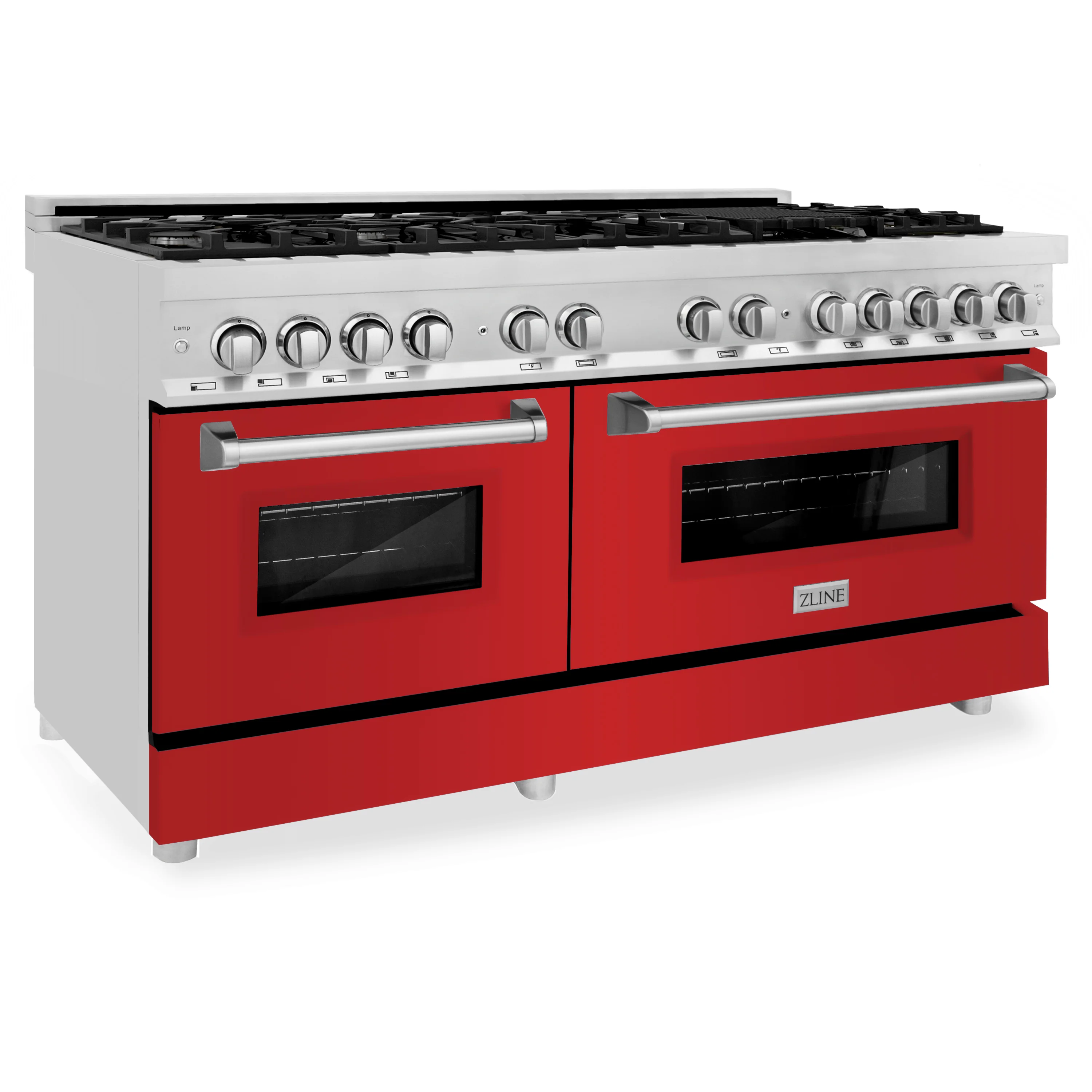 ZLINE 60 in. 7.4 cu. ft. Legacy Dual Fuel Range with 9 Burner Gas Cooktop and 2 Electric Convection Ovens in Stainless Steel and Red Matte Doors (RA-RM-60) - Image 5