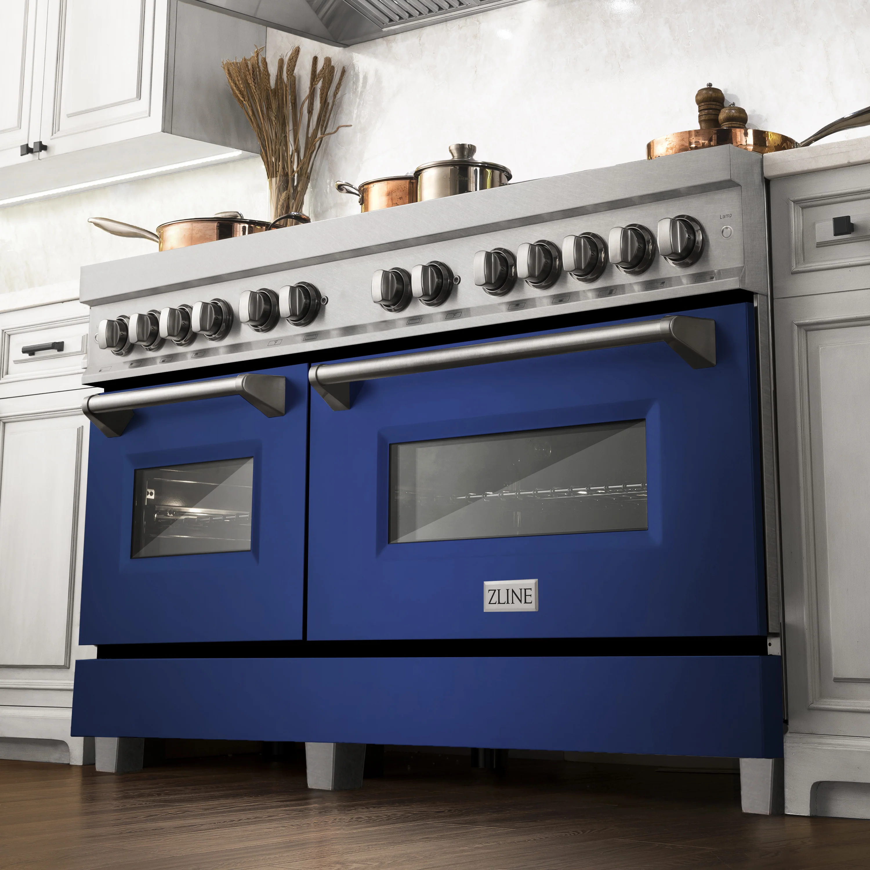 ZLINE 60 in. 7.4 cu. ft. Legacy Dual Fuel Range with 9 Burner Gas Cooktop and 2 Electric Convection Ovens in Satin Stainless Steel and Blue Matte Doors (RAS-BM-60) - Image 2
