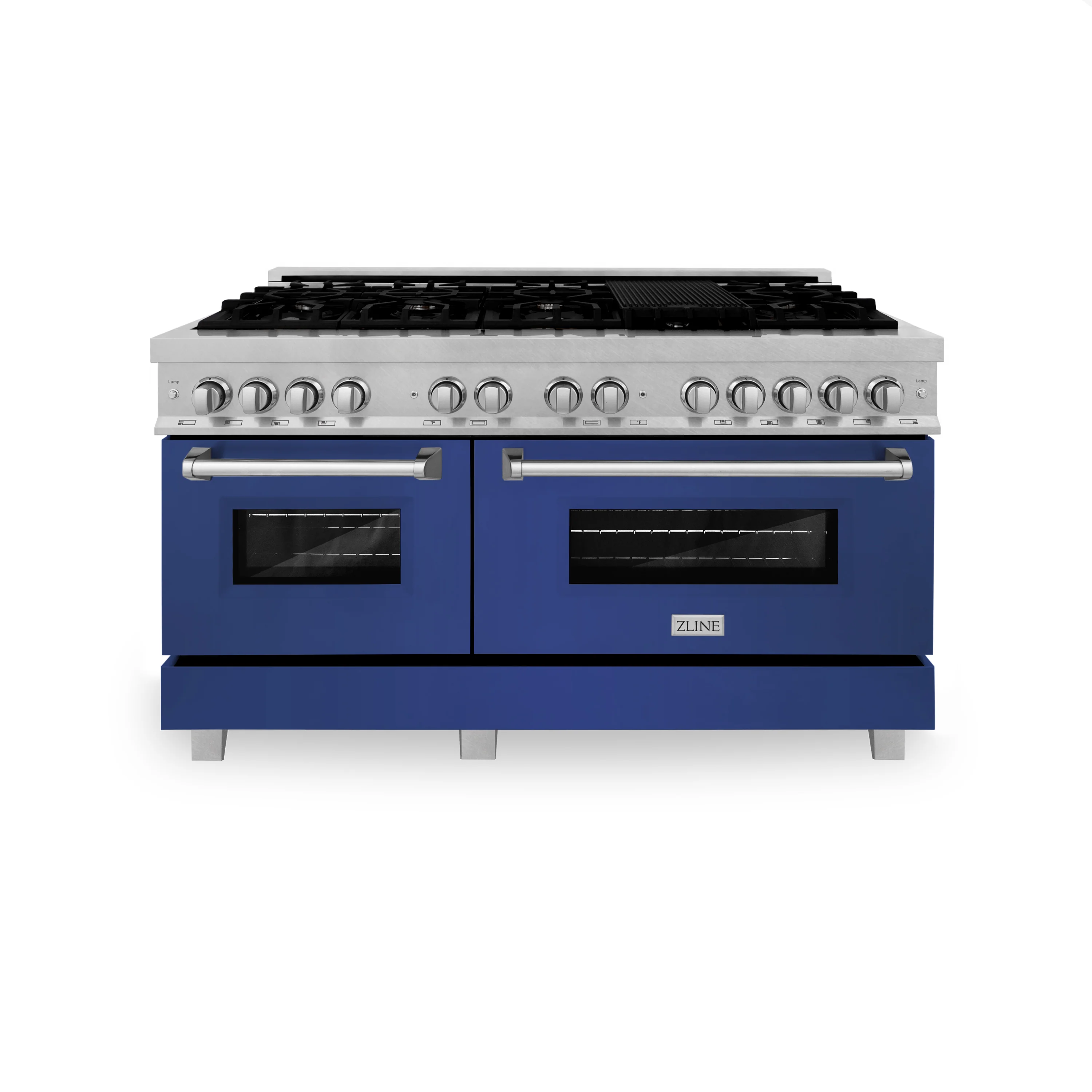 ZLINE 60 in. 7.4 cu. ft. Legacy Dual Fuel Range with 9 Burner Gas Cooktop and 2 Electric Convection Ovens in Satin Stainless Steel and Blue Matte Doors (RAS-BM-60) - Image 3