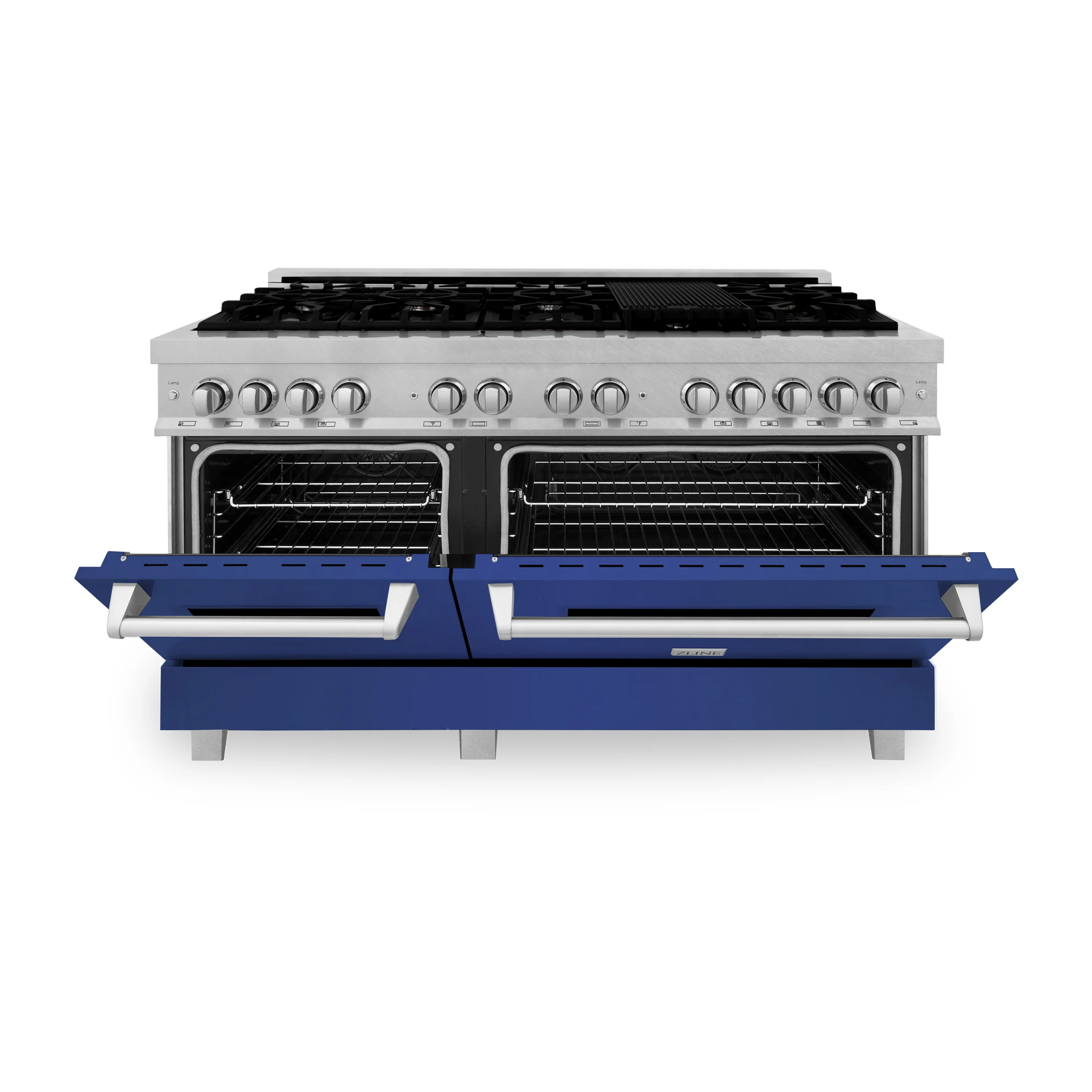 ZLINE 60 in. 7.4 cu. ft. Legacy Dual Fuel Range with 9 Burner Gas Cooktop and 2 Electric Convection Ovens in Satin Stainless Steel and Blue Matte Doors (RAS-BM-60) - Image 4
