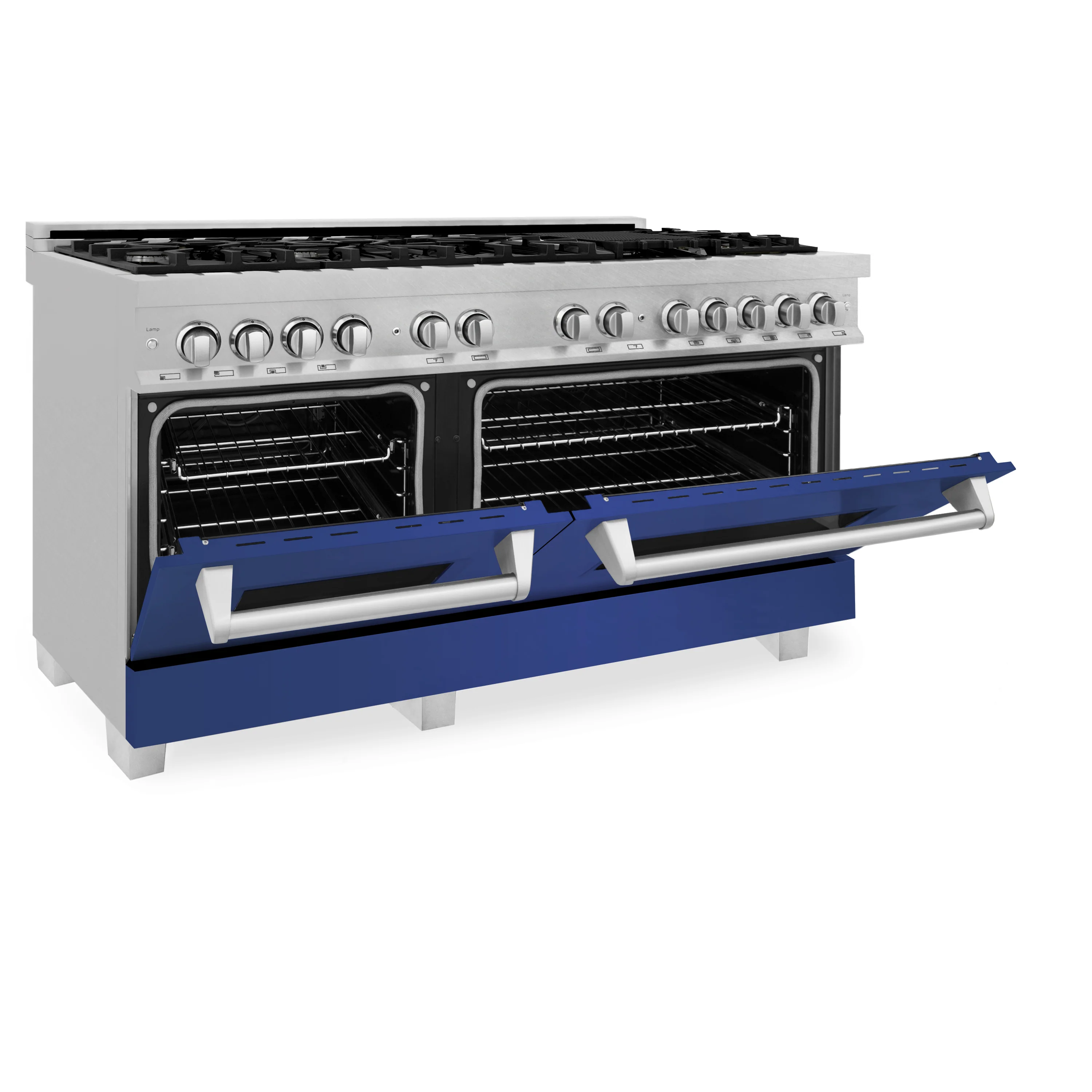 ZLINE 60 in. 7.4 cu. ft. Legacy Dual Fuel Range with 9 Burner Gas Cooktop and 2 Electric Convection Ovens in Satin Stainless Steel and Blue Matte Doors (RAS-BM-60) - Image 7