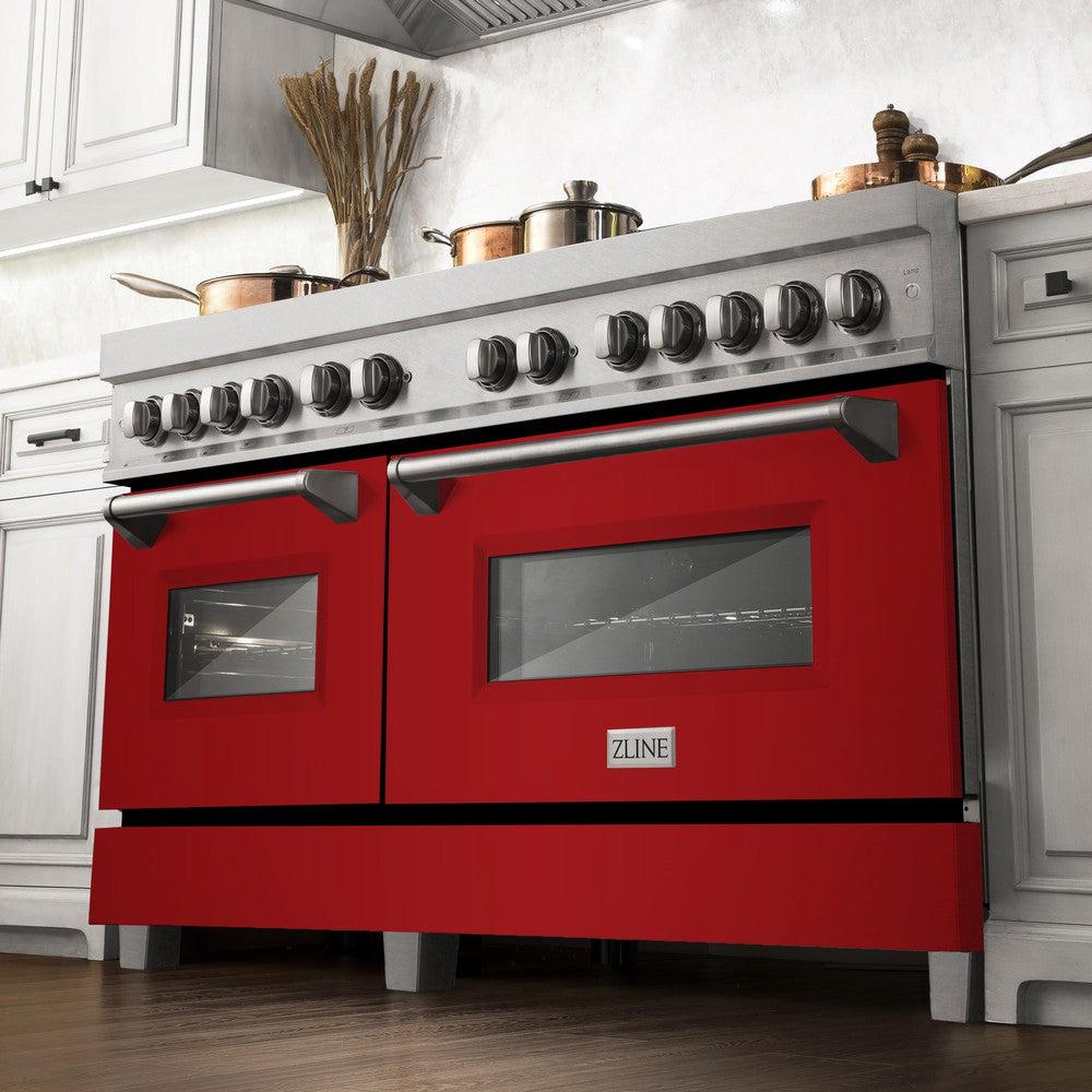 ZLINE 60 in. 7.4 cu. ft. Legacy Dual Fuel Range with 9 Burner Gas Cooktop and 2 Electric Convection Ovens in Satin Stainless Steel and Red Gloss Doors (RAS-RG-60) - Image 2