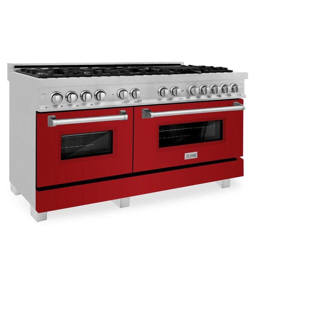 ZLINE 60 in. 7.4 cu. ft. Legacy Dual Fuel Range with 9 Burner Gas Cooktop and 2 Electric Convection Ovens in Satin Stainless Steel and Red Gloss Doors (RAS-RG-60) - Image 3