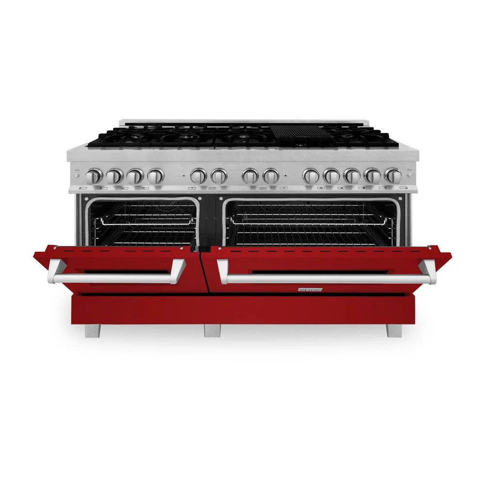 ZLINE 60 in. 7.4 cu. ft. Legacy Dual Fuel Range with 9 Burner Gas Cooktop and 2 Electric Convection Ovens in Satin Stainless Steel and Red Gloss Doors (RAS-RG-60) - Image 8