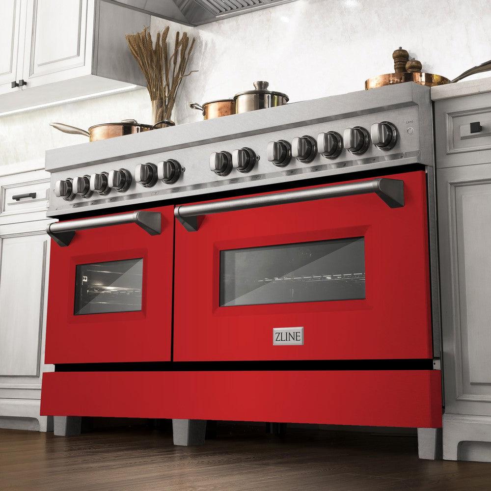ZLINE 60 in. 7.4 cu. ft. Legacy Dual Fuel Range with 9 Burner Gas Cooktop and 2 Electric Convection Ovens in Satin Stainless Steel and Red Matte Doors (RAS-RM-60) - Image 2