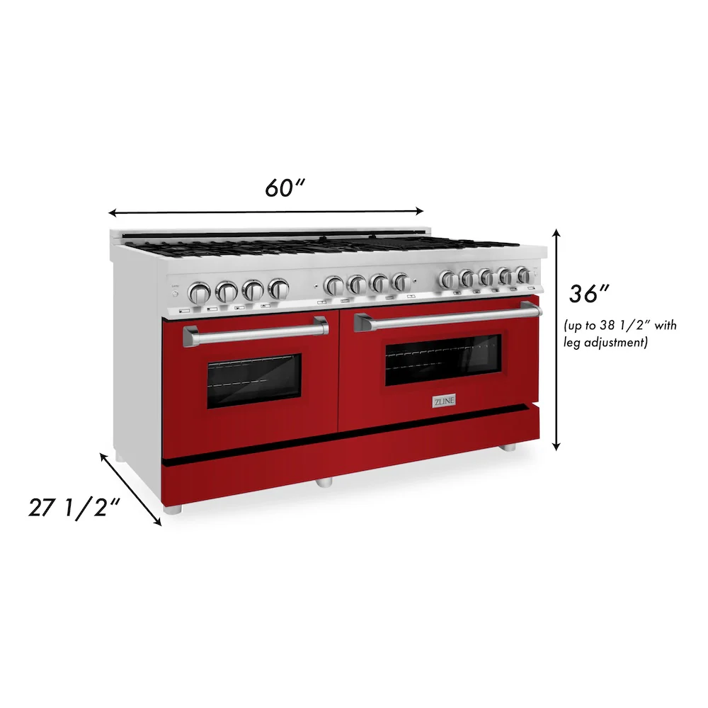 ZLINE 60 in. 7.4 cu. ft. Legacy Dual Fuel Range with 9 Burner Gas Cooktop and 2 Electric Convection Ovens in Stainless Steel and Red Gloss Doors (RA-RG-60) - Image 13