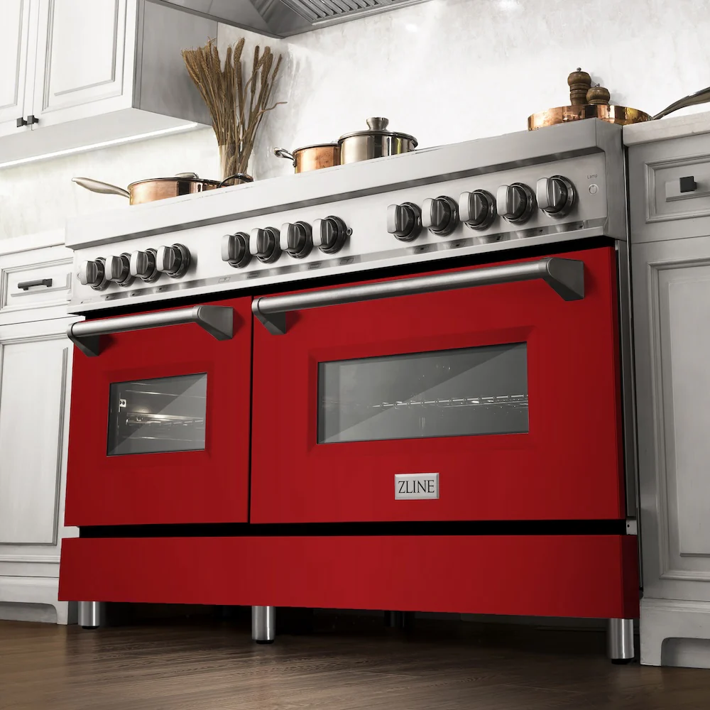 ZLINE 60 in. 7.4 cu. ft. Legacy Dual Fuel Range with 9 Burner Gas Cooktop and 2 Electric Convection Ovens in Stainless Steel and Red Gloss Doors (RA-RG-60) - Image 2