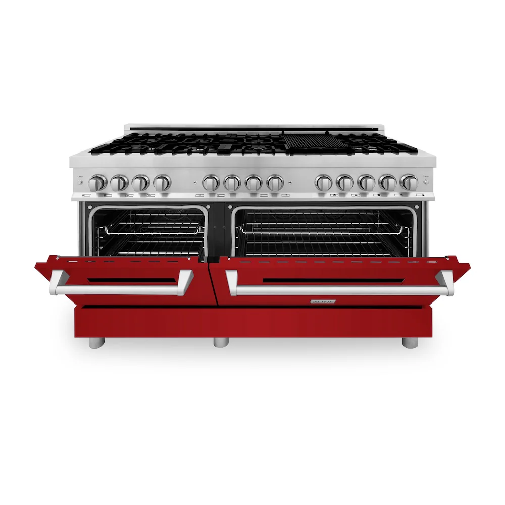 ZLINE 60 in. 7.4 cu. ft. Legacy Dual Fuel Range with 9 Burner Gas Cooktop and 2 Electric Convection Ovens in Stainless Steel and Red Gloss Doors (RA-RG-60) - Image 3