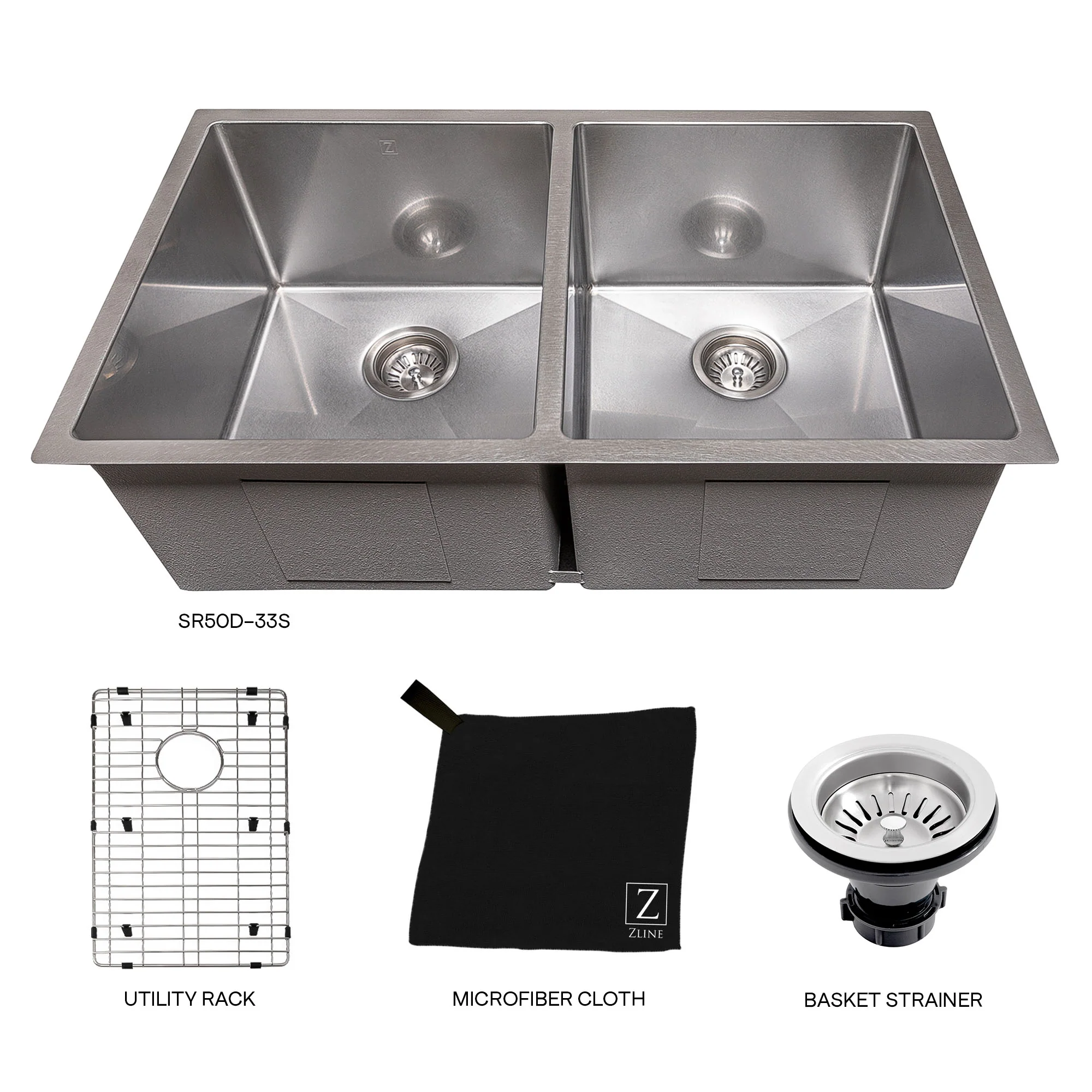 ZLINE 33 in. Anton Undermount Double Bowl Satin Stainless Steel Kitchen Sink with Bottom Grid (SR50D-33S) - Image 6