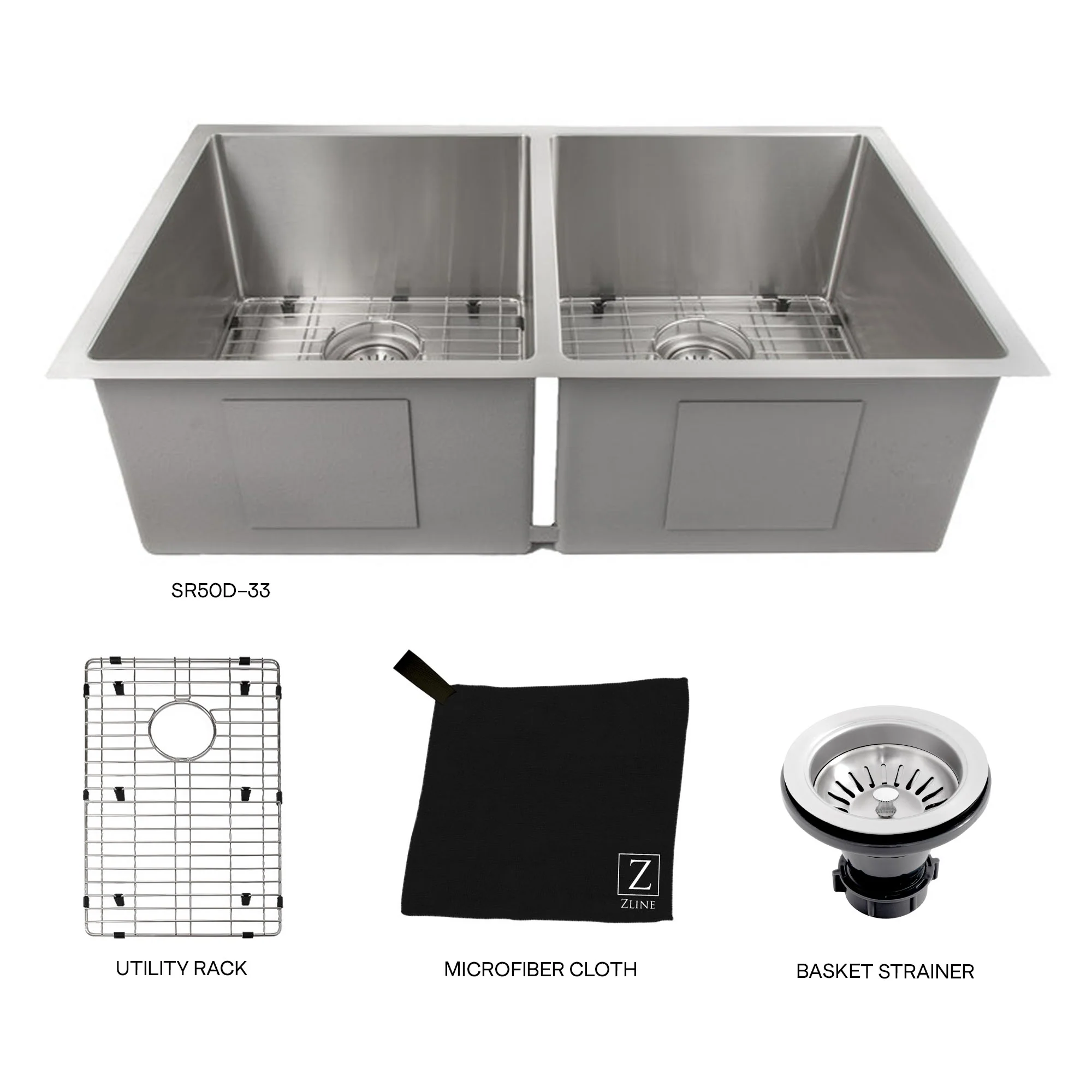 ZLINE 33 in. Anton Undermount Double Bowl Stainless Steel Kitchen Sink with Bottom Grid (SR50D-33) - Image 11