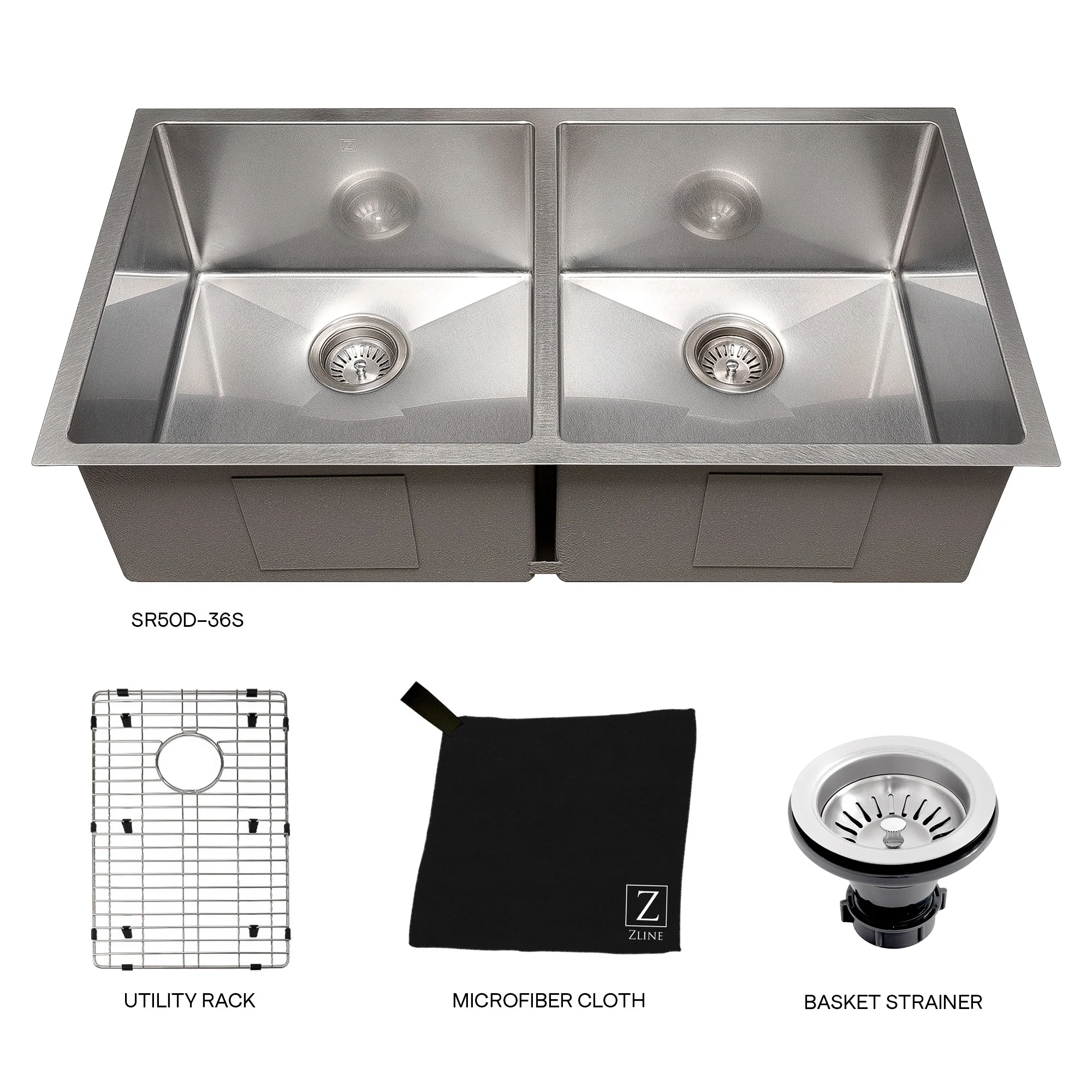ZLINE 36 in. Anton Undermount Double Bowl Satin Stainless Steel Kitchen Sink with Bottom Grid (SR50D-36S) - Image 8