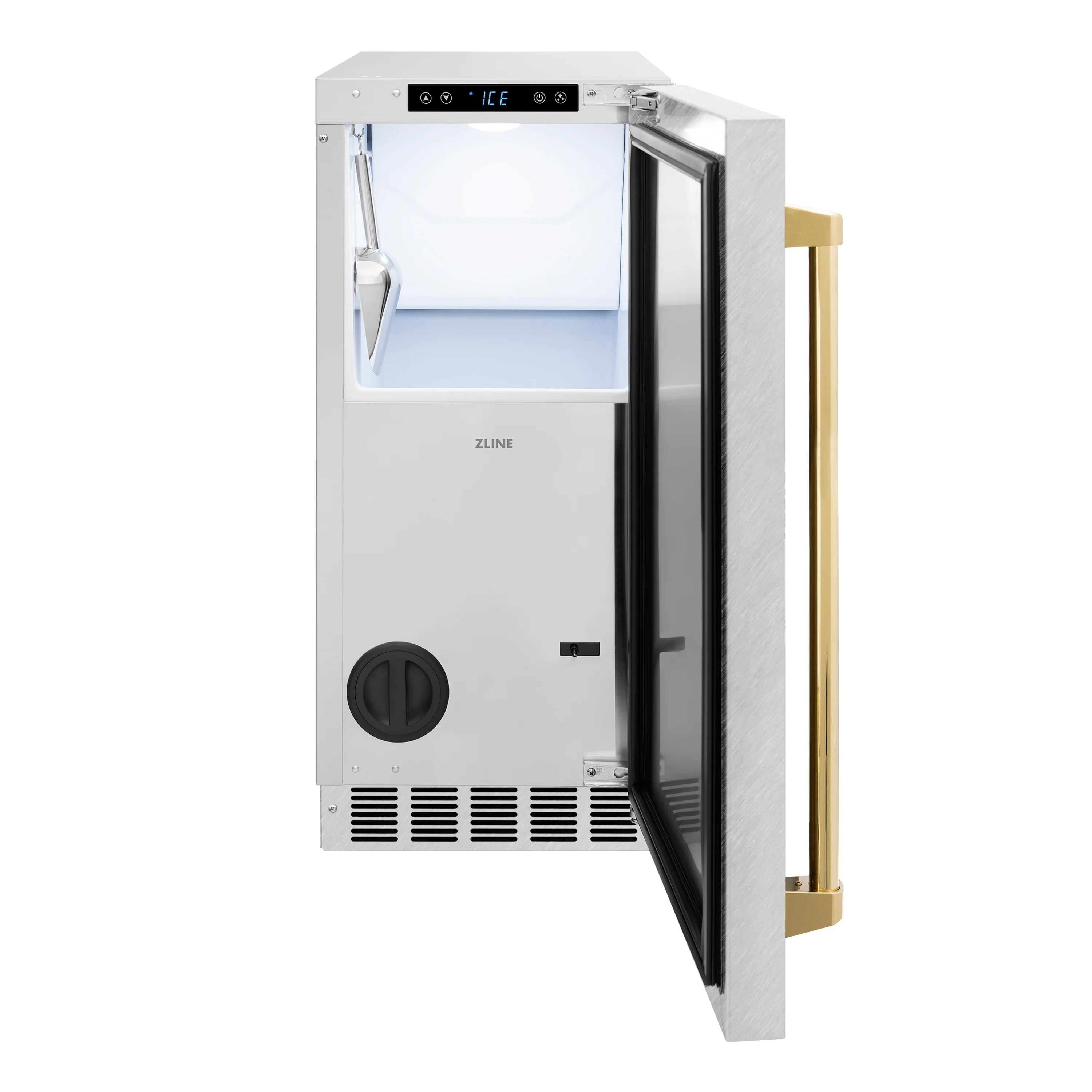 ZLINE Autograph Edition 15 in. Touchstone Clear Cube Ice Maker with Drain Pump and Satin Stainless Steel Door with Polished Gold Handle (ICCDZ-SN-15-G) - Image 3