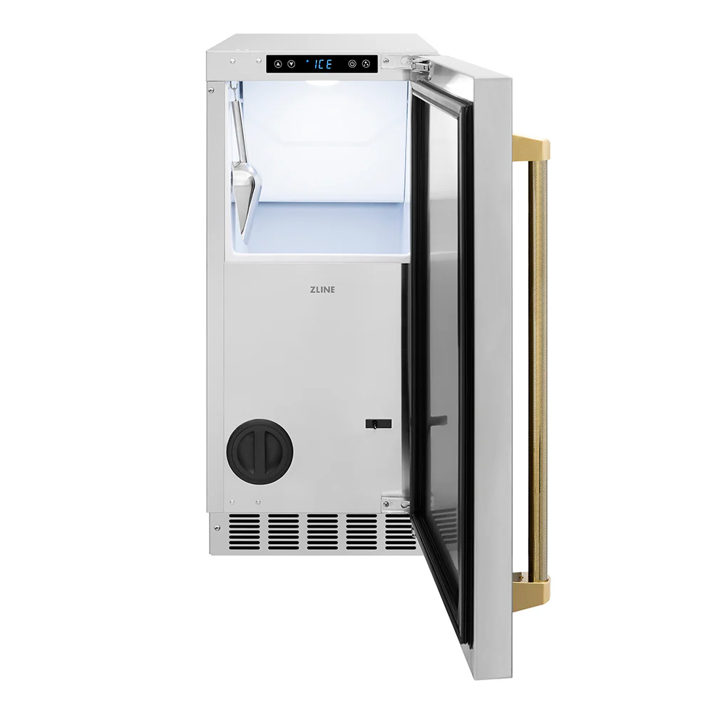 ZLINE Autograph Edition 15 in. Touchstone Clear Cube Ice Maker with Drain Pump and Solid Stainless Steel Door with Polished Gold Helix Handle (ICCDZ-ST-15-KG) - Image 3