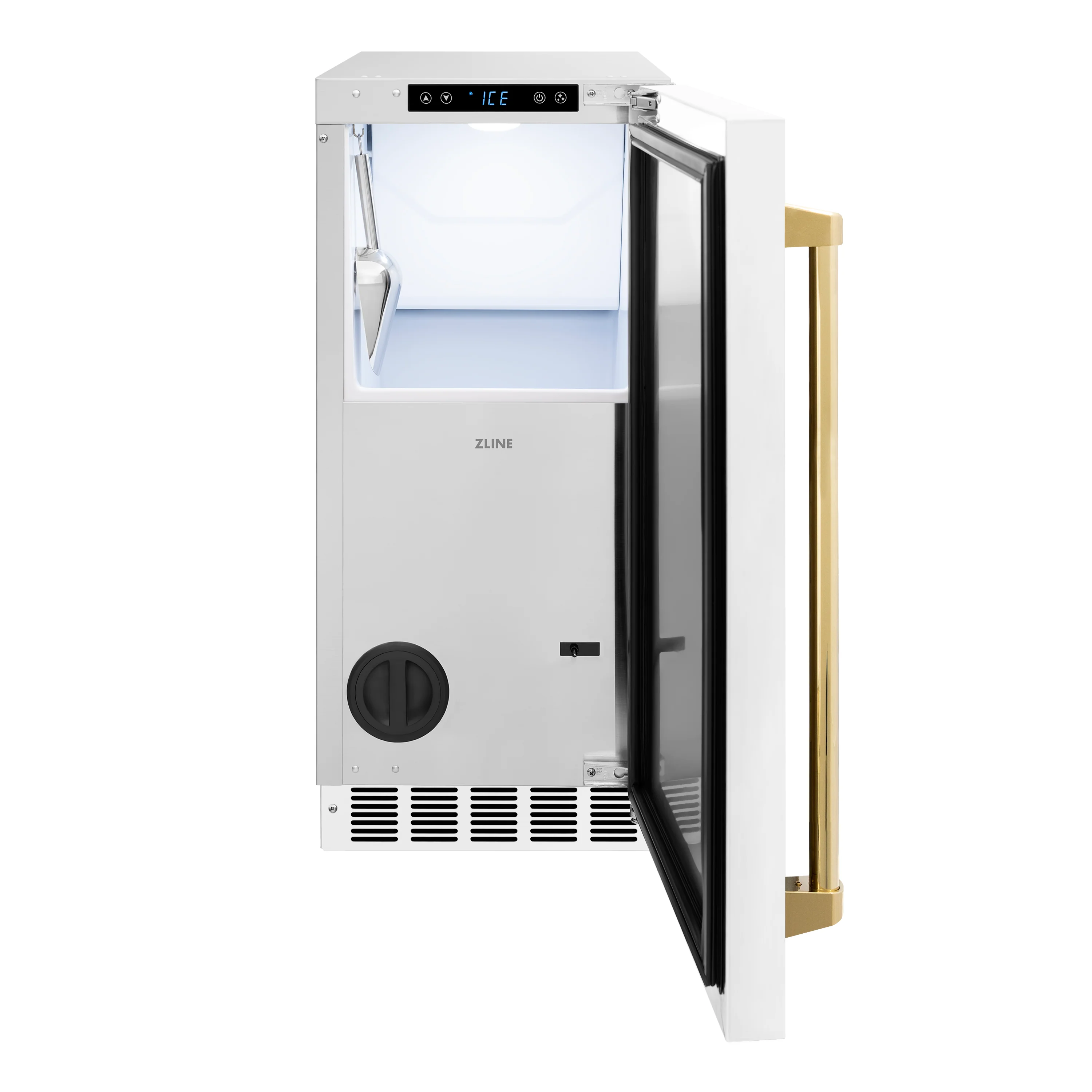 ZLINE Autograph Edition 15 in. Touchstone Clear Cube Ice Maker with Drain Pump and White Matte Door with Polished Gold Handle (ICCDZ-WM-15-G) - Image 2