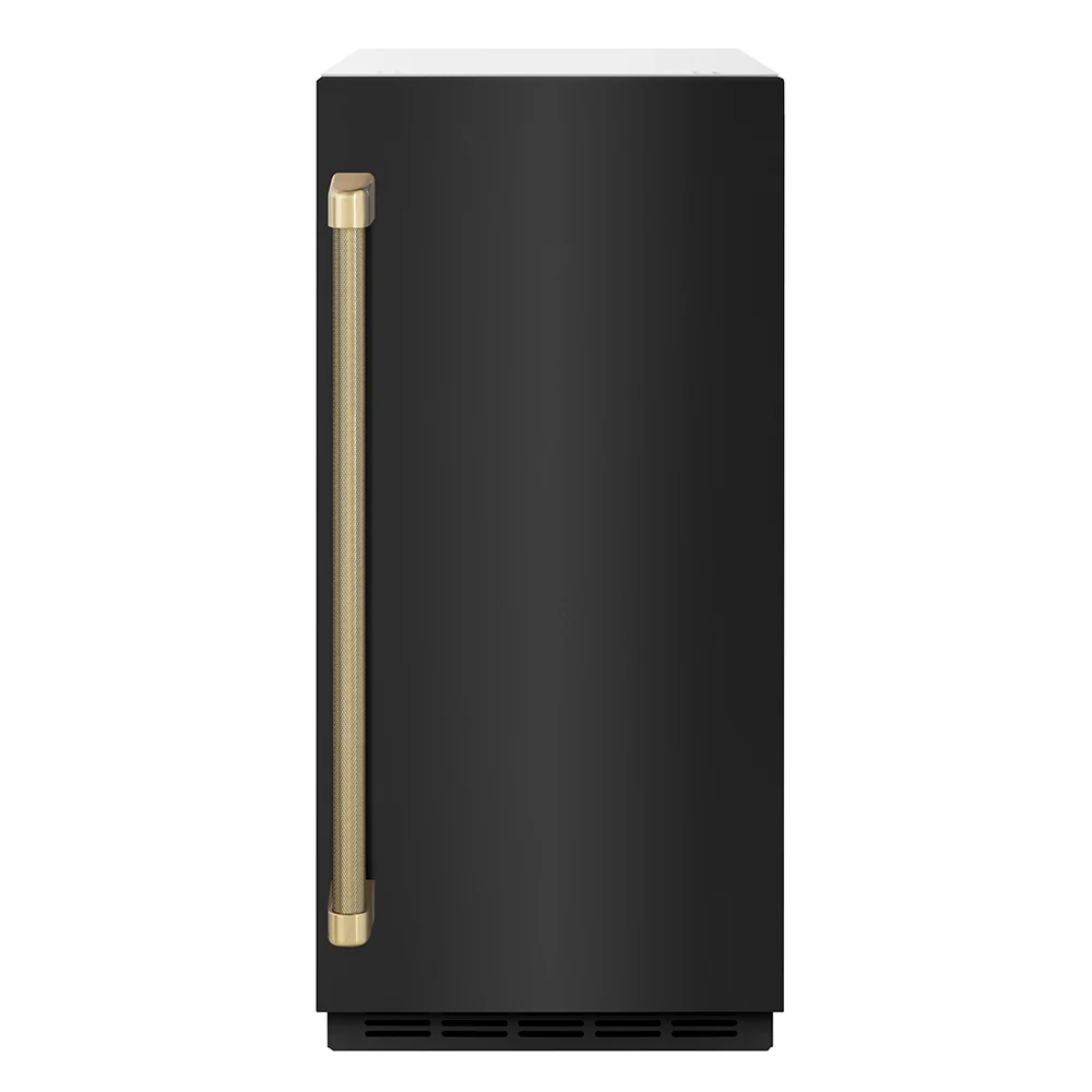 ZLINE Autograph Edition 15 in. Touchstone Gourmet Ice Maker with Drain Pump and Black Stainless Steel Door with Champagne Bronze Helix Handle (IGMDZ-BS-15-KCB)