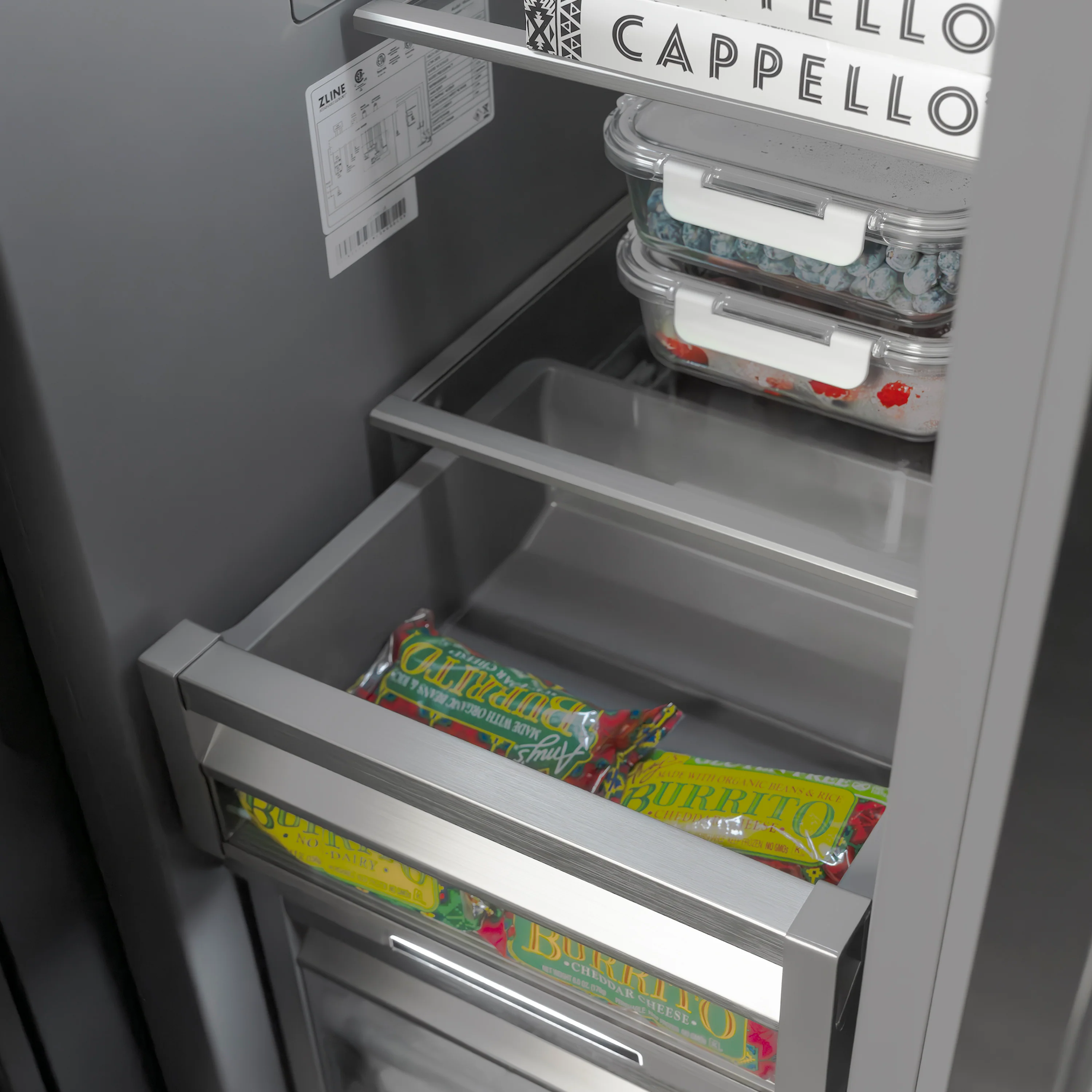 ZLINE Autograph Edition 18 in. 8.6 cu. ft. Right Hinge Column Freezer in Satin Stainless Steel with Graphite Gray Interior and Champagne Bronze Accents (RCFVRZ-SN-18-CB) - Image 14