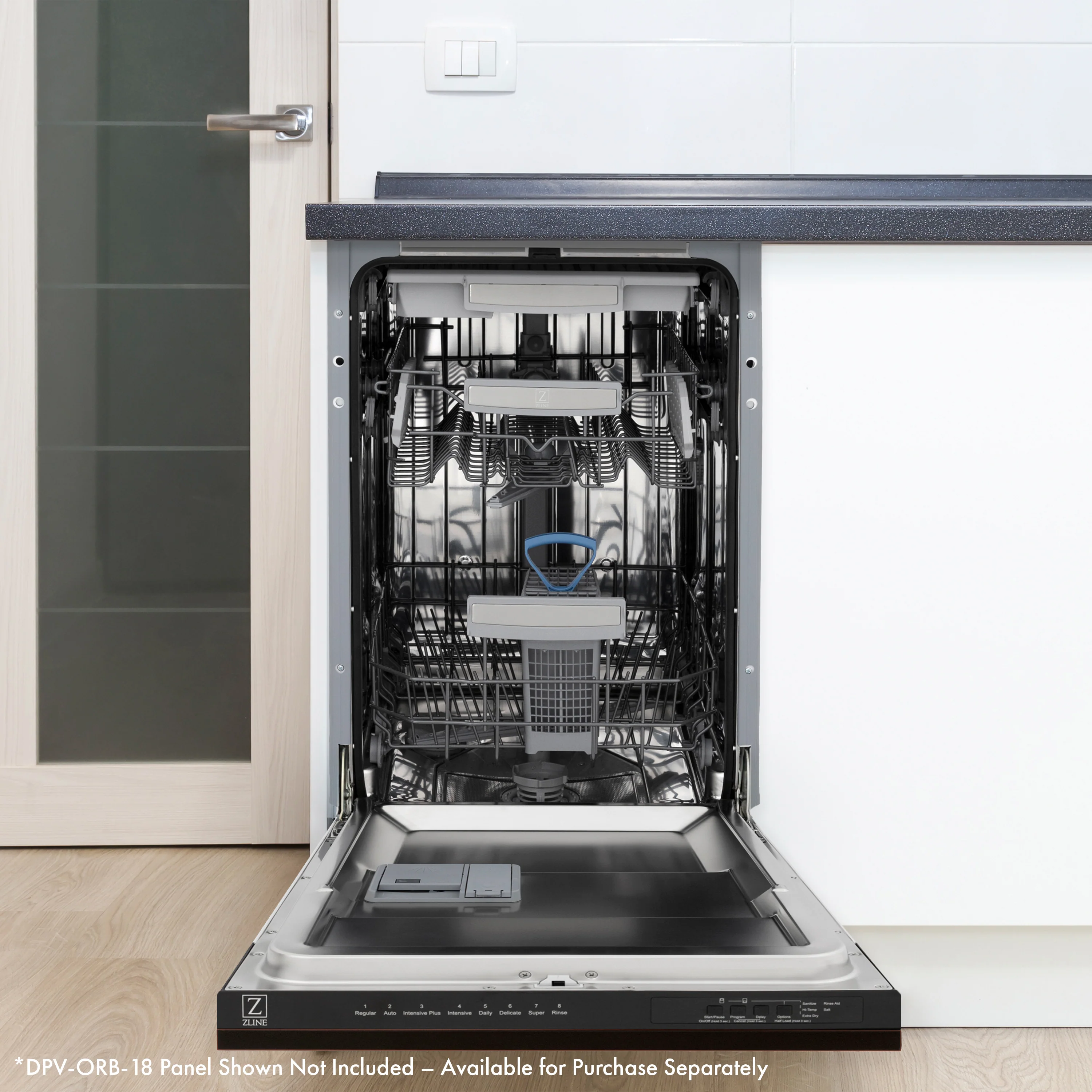 ZLINE Autograph Edition 18” Tallac Series 3rd Rack Top Control Dishwasher in Custom Panel Ready with Champagne Bronze Handle, 51dBa (DWVZ-18-CB) - Image 13