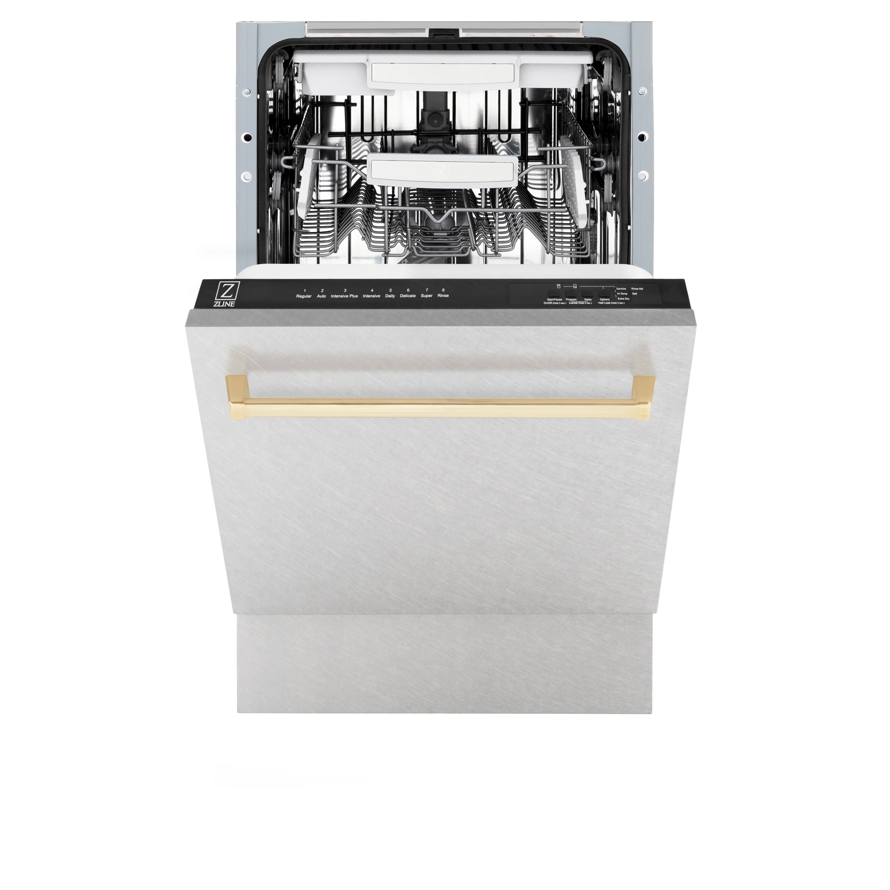 ZLINE Autograph Edition 18” Tallac Series 3rd Rack Top Control Built-In Dishwasher in Fingerprint Resistant Stainless Steel with Polished Gold Handle, 51dBa (DWVZ-SN-18-G) - Image 4