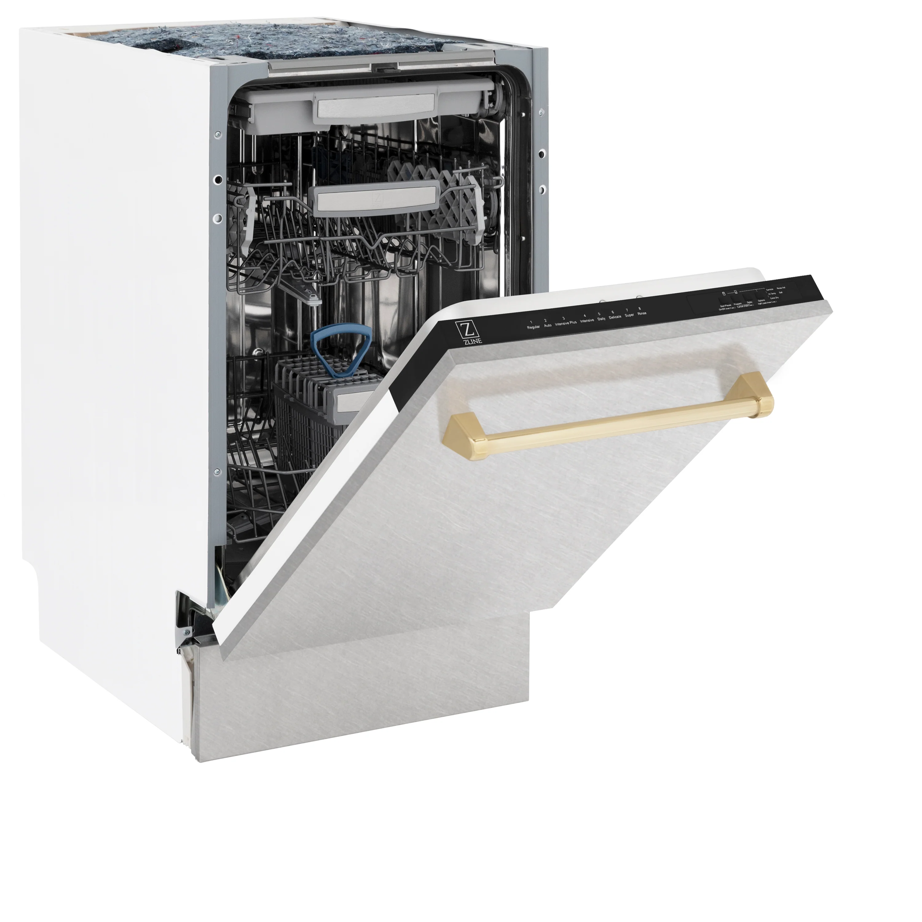 ZLINE Autograph Edition 18” Tallac Series 3rd Rack Top Control Built-In Dishwasher in Fingerprint Resistant Stainless Steel with Polished Gold Handle, 51dBa (DWVZ-SN-18-G) - Image 8