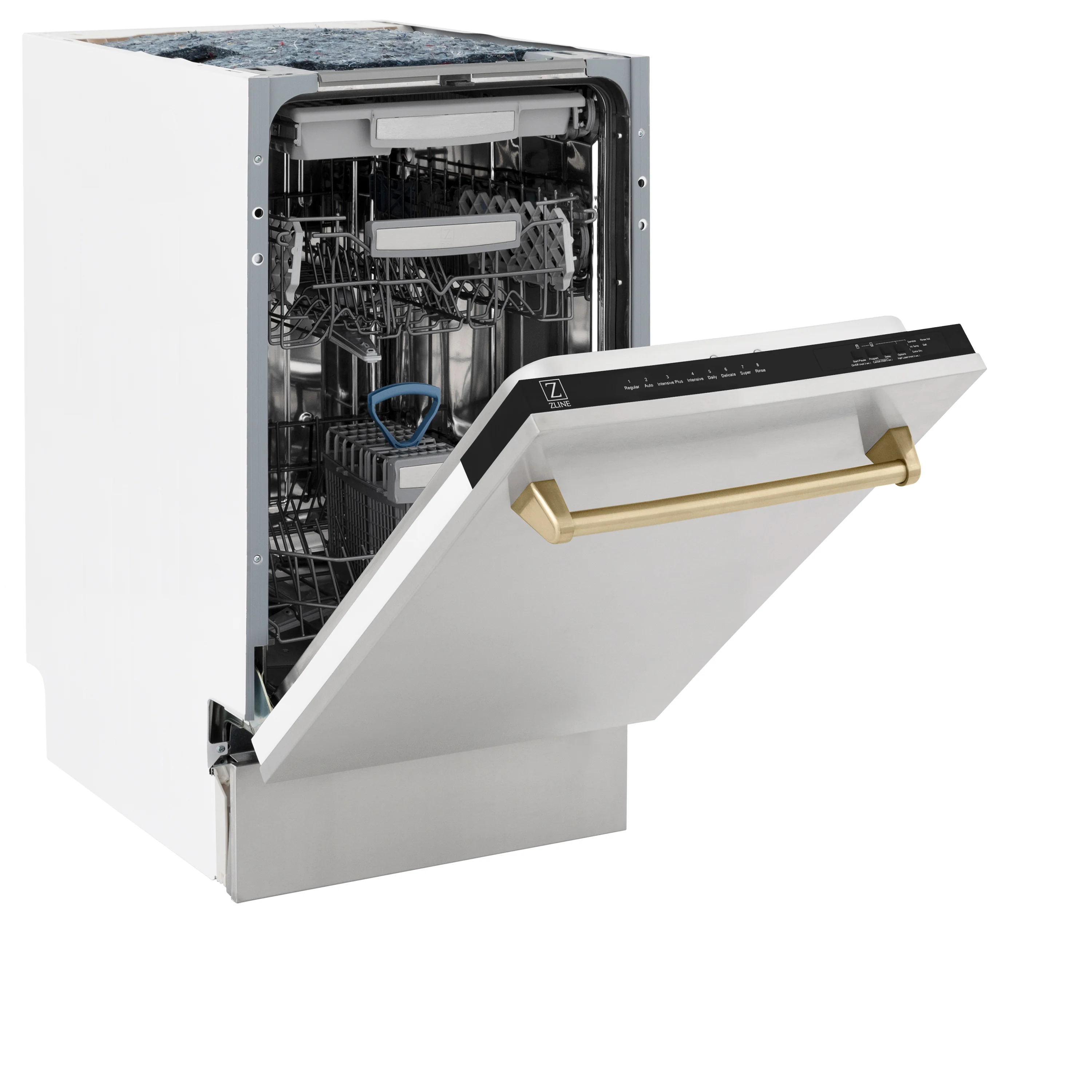ZLINE Autograph Edition 18” Tallac Series 3rd Rack Top Control Built-In Dishwasher in Stainless Steel with Champagne Bronze Handle, 51dBa (DWVZ-304-18-CB) - Image 7