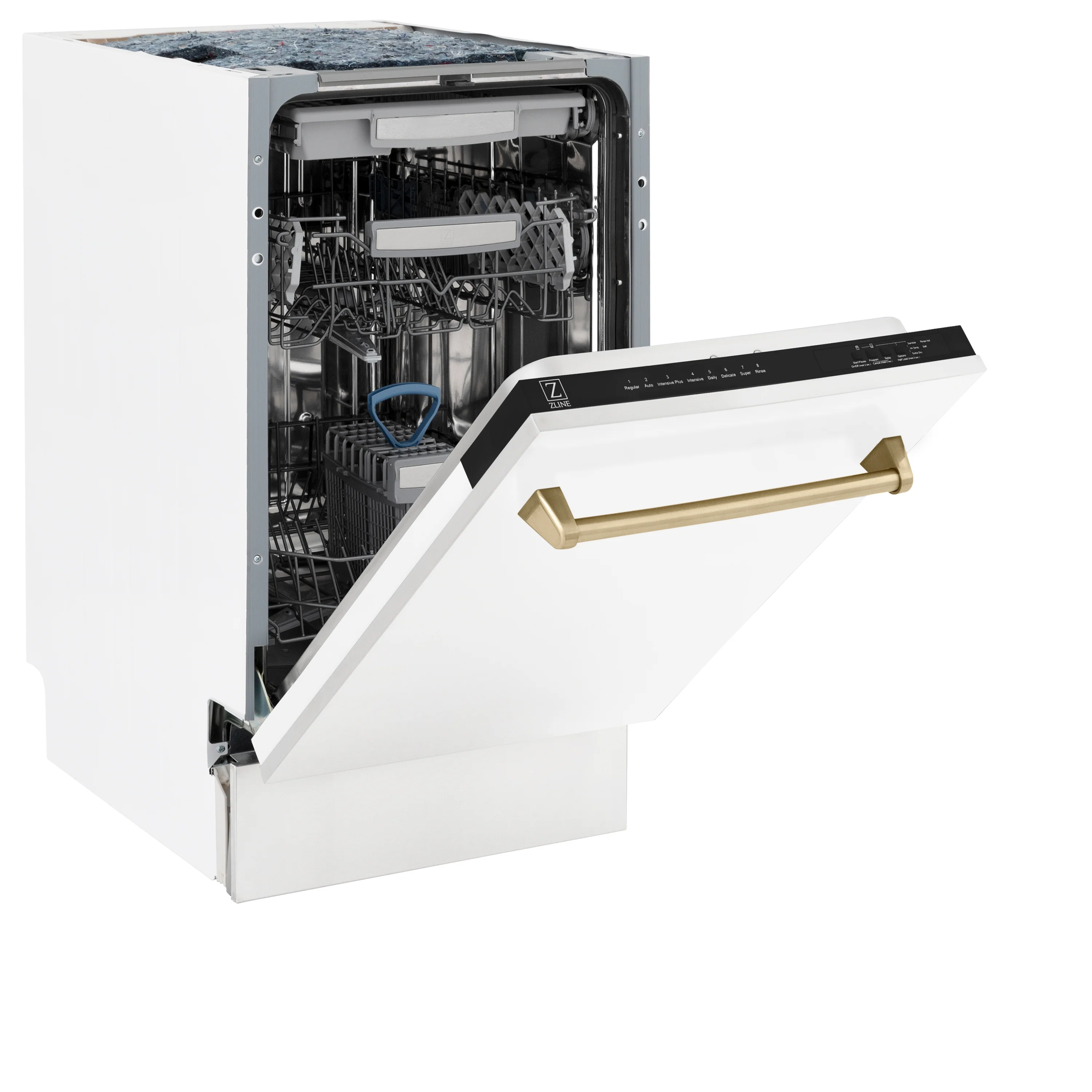 ZLINE Autograph Edition 18” Tallac Series 3rd Rack Top Control Built-In Dishwasher in White Matte with Champagne Bronze Handle, 51dBa (DWVZ-WM-18-CB) - Image 6