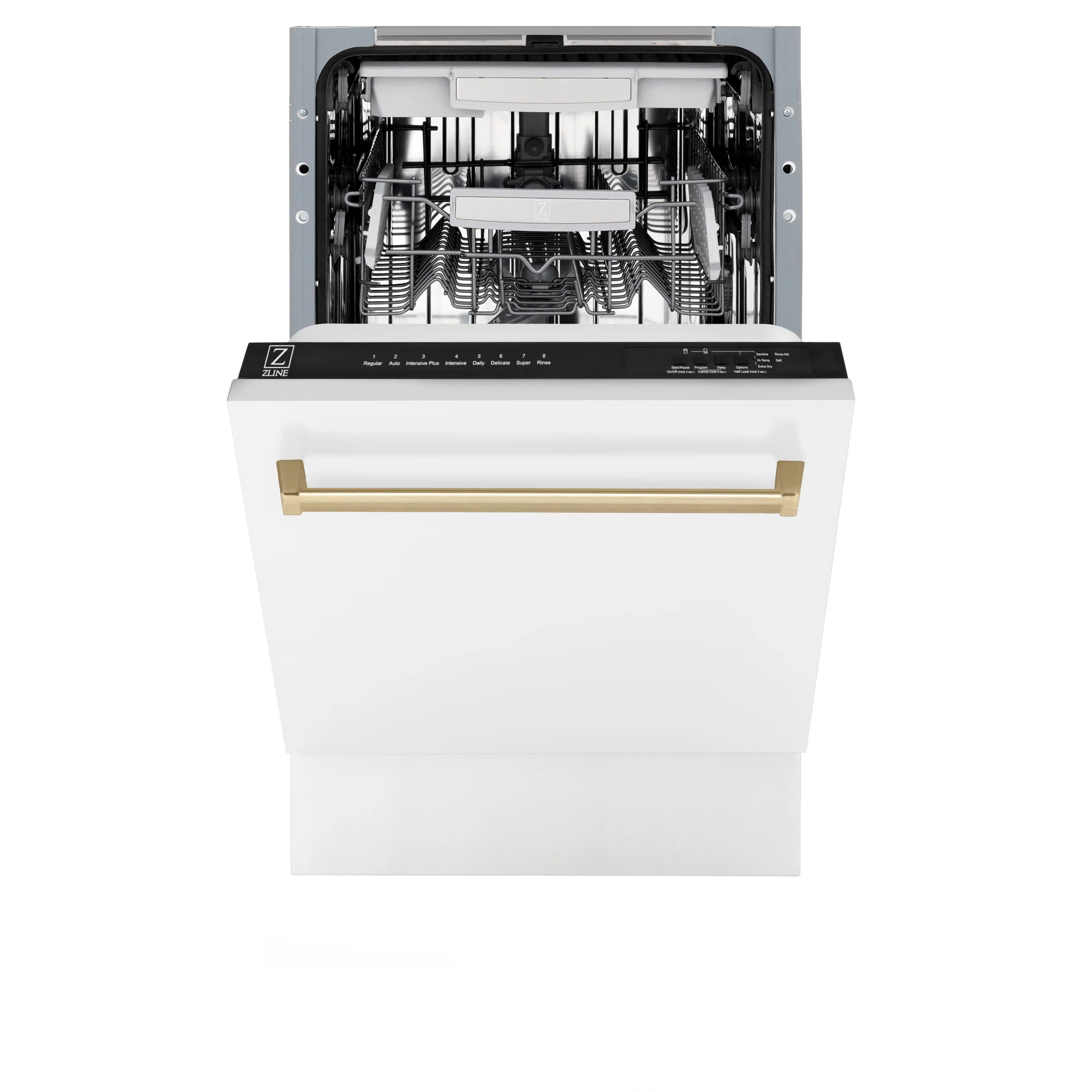 ZLINE Autograph Edition 18” Tallac Series 3rd Rack Top Control Built-In Dishwasher in White Matte with Champagne Bronze Handle, 51dBa (DWVZ-WM-18-CB) - Image 7