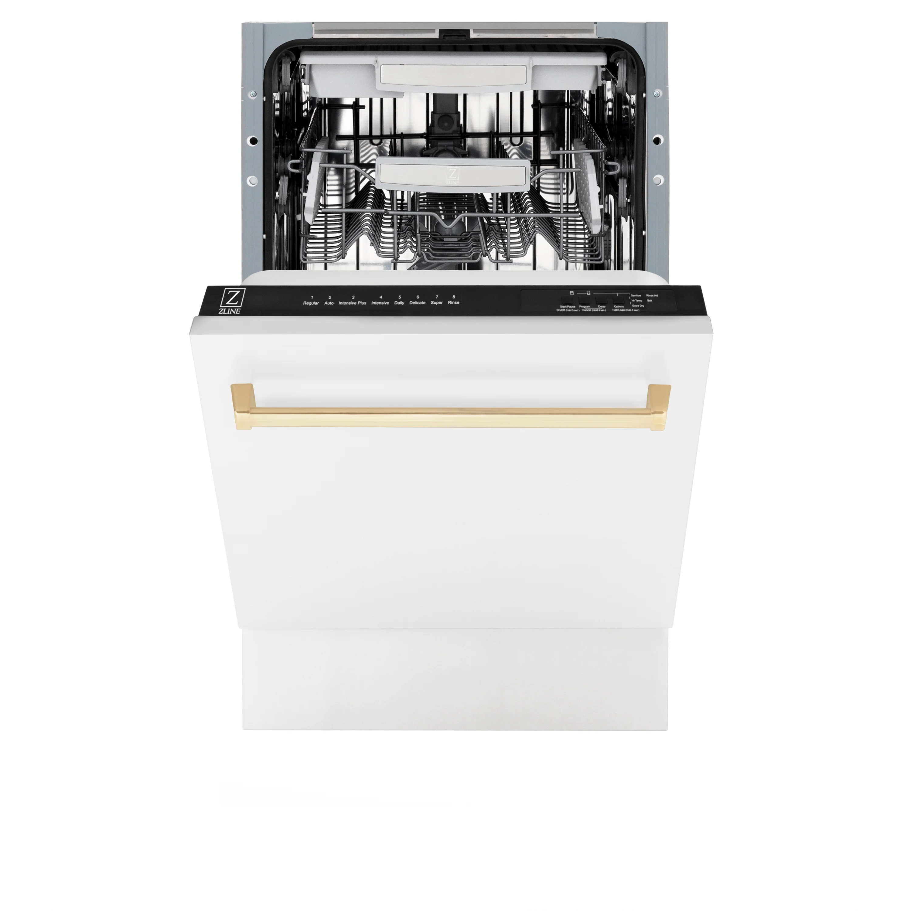 ZLINE Autograph Edition 18” Tallac Series 3rd Rack Top Control Built-In Dishwasher in White Matte with Polished Gold Handle, 51dBa (DWVZ-WM-18-G) - Image 6