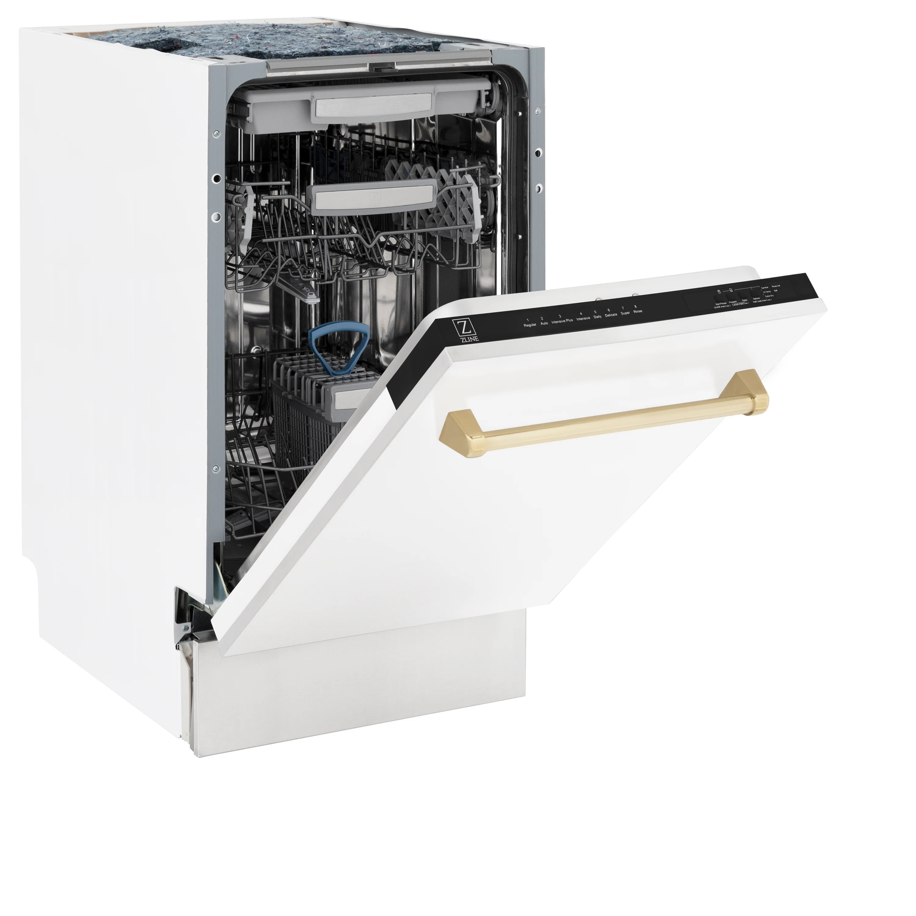 ZLINE Autograph Edition 18” Tallac Series 3rd Rack Top Control Built-In Dishwasher in White Matte with Polished Gold Handle, 51dBa (DWVZ-WM-18-G) - Image 7