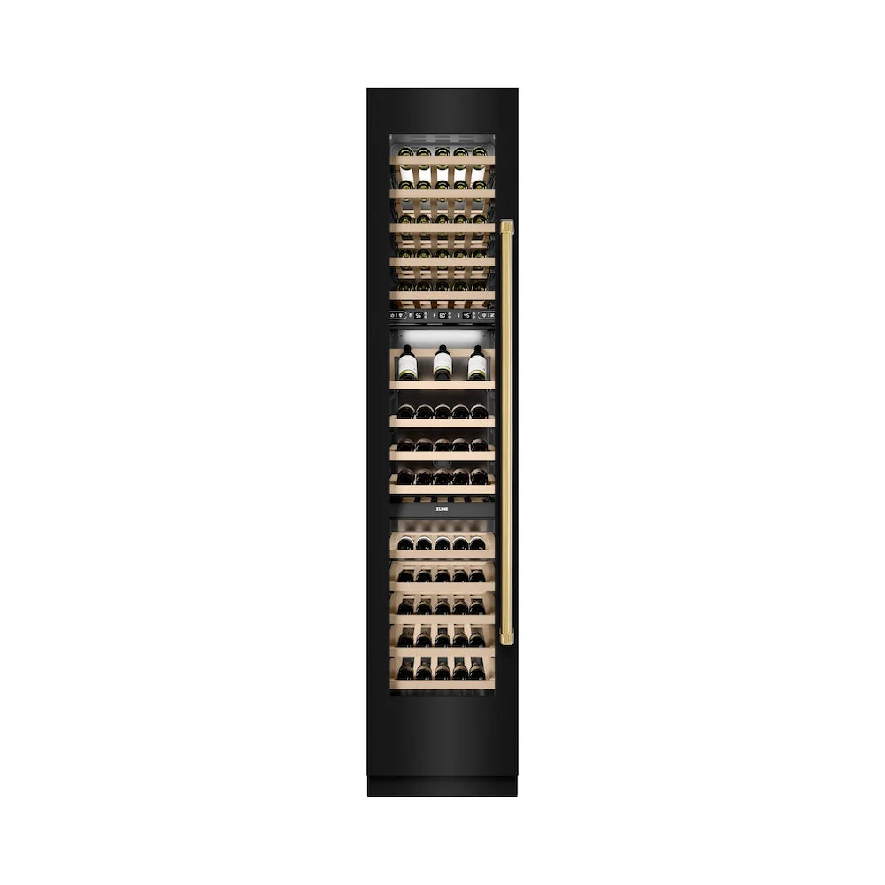 ZLINE Autograph Edition 18 in. 9.0 cu. ft. Triple Zone 68 Bottle Left Hinge Column Wine Cooler in Black Stainless Steel with Polished Gold Accents (RCWVLZ-BS-18-G) - Image 2