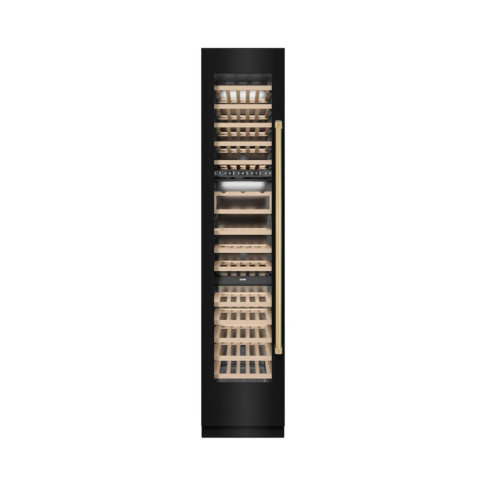 ZLINE Autograph Edition 18 in. 9.0 cu. ft. Triple Zone 68 Bottle Left Hinge Column Wine Cooler in Black Stainless Steel with Polished Gold Accents (RCWVLZ-BS-18-G) - Image 4
