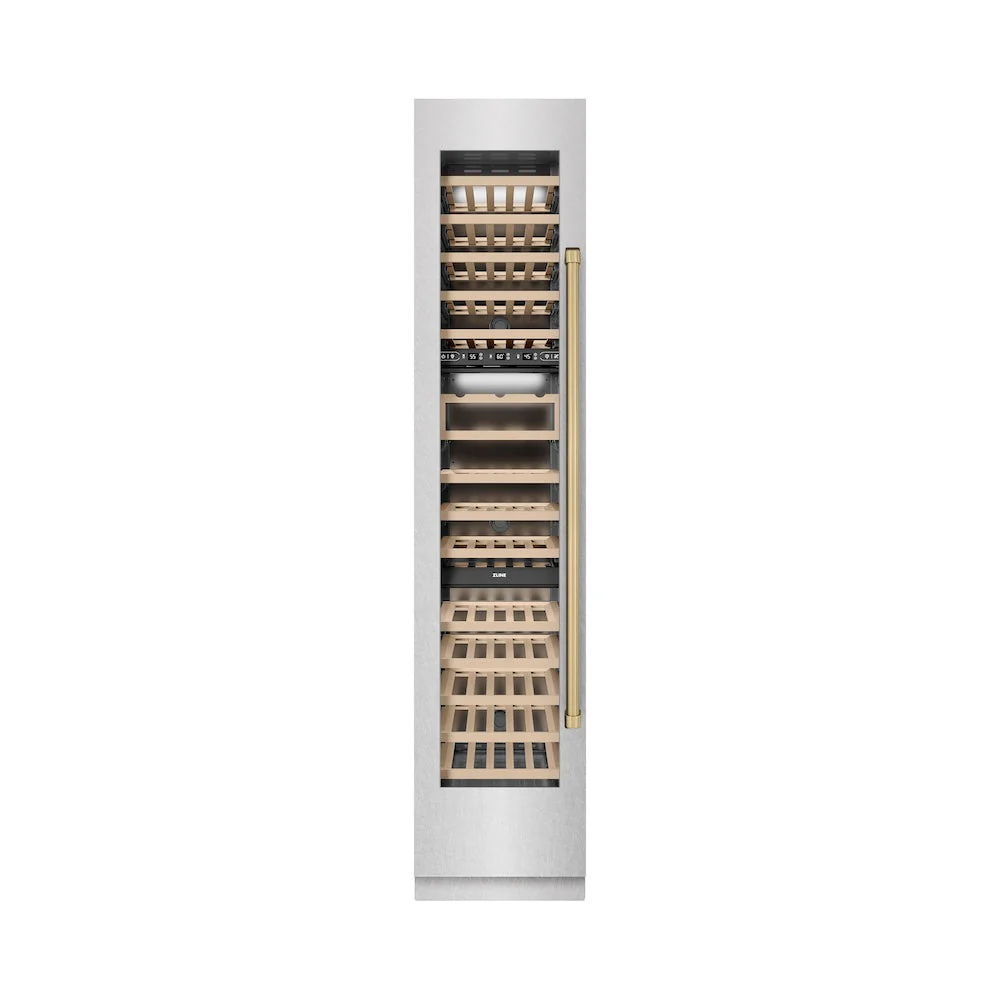 ZLINE Autograph Edition 18 in. 9.0 cu. ft. Triple Zone 68 Bottle Left Hinge Column Wine Cooler in Satin Stainless Steel with Champagne Bronze Accents (RCWVLZ-SN-18-CB) - Image 4