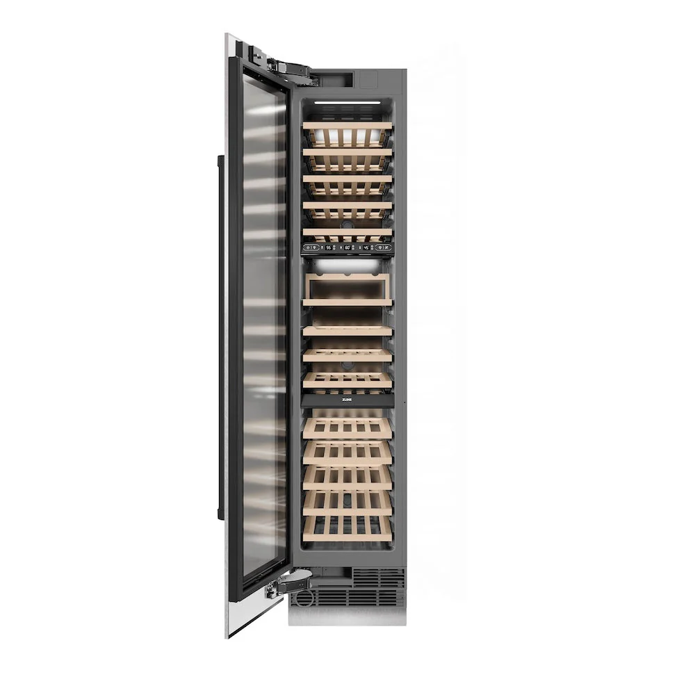 ZLINE Autograph Edition 18 in. 9.0 cu. ft. Triple Zone 68 Bottle Left Hinge Column Wine Cooler in Satin Stainless Steel with Matte Black Accents (RCWVLZ-SN-18-MB)