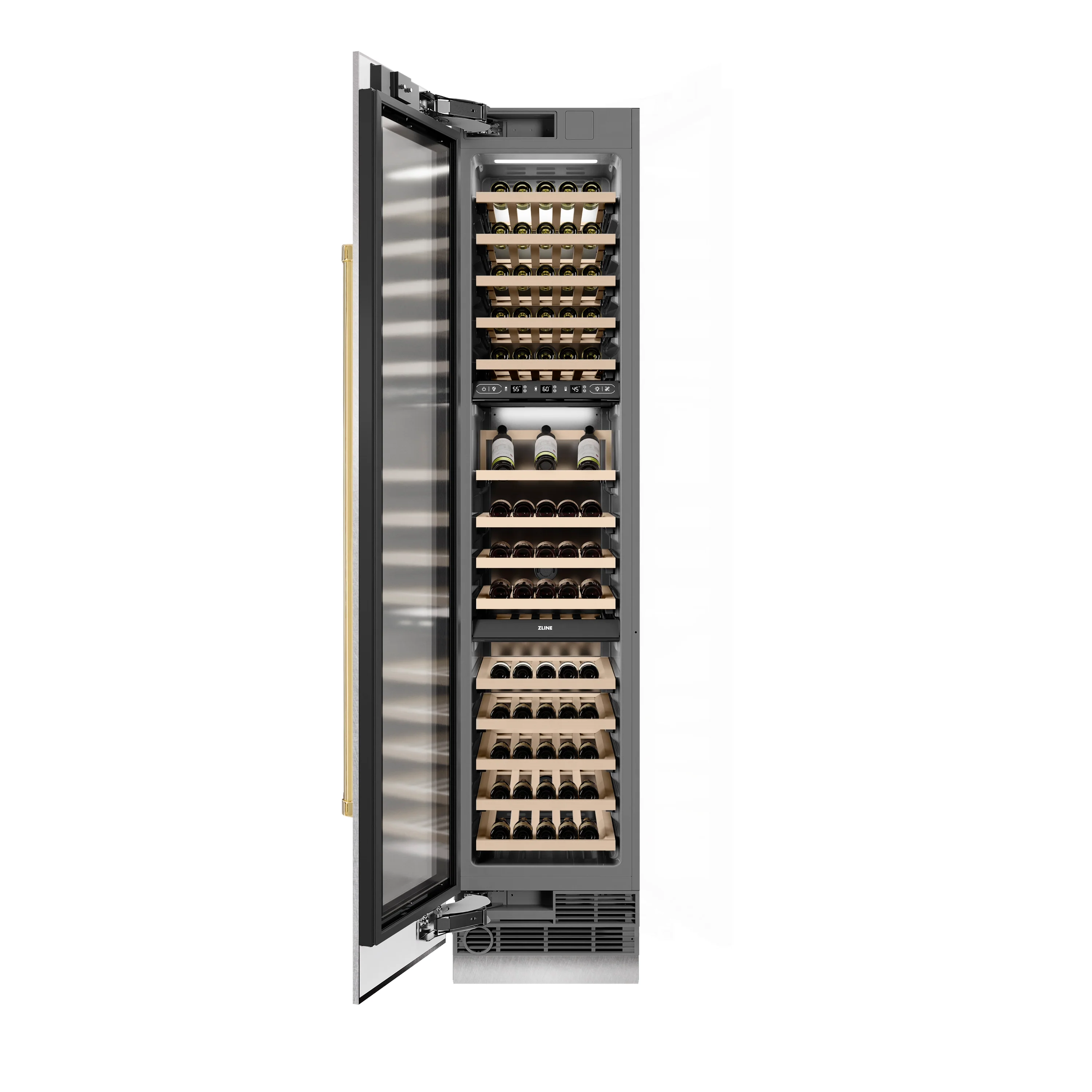 ZLINE Autograph Edition 18 in. 9.0 cu. ft. Triple Zone 68 Bottle Left Hinge Column Wine Cooler in Satin Stainless Steel with Polished Gold Accents (RCWVLZ-SN-18-G) - Image 3