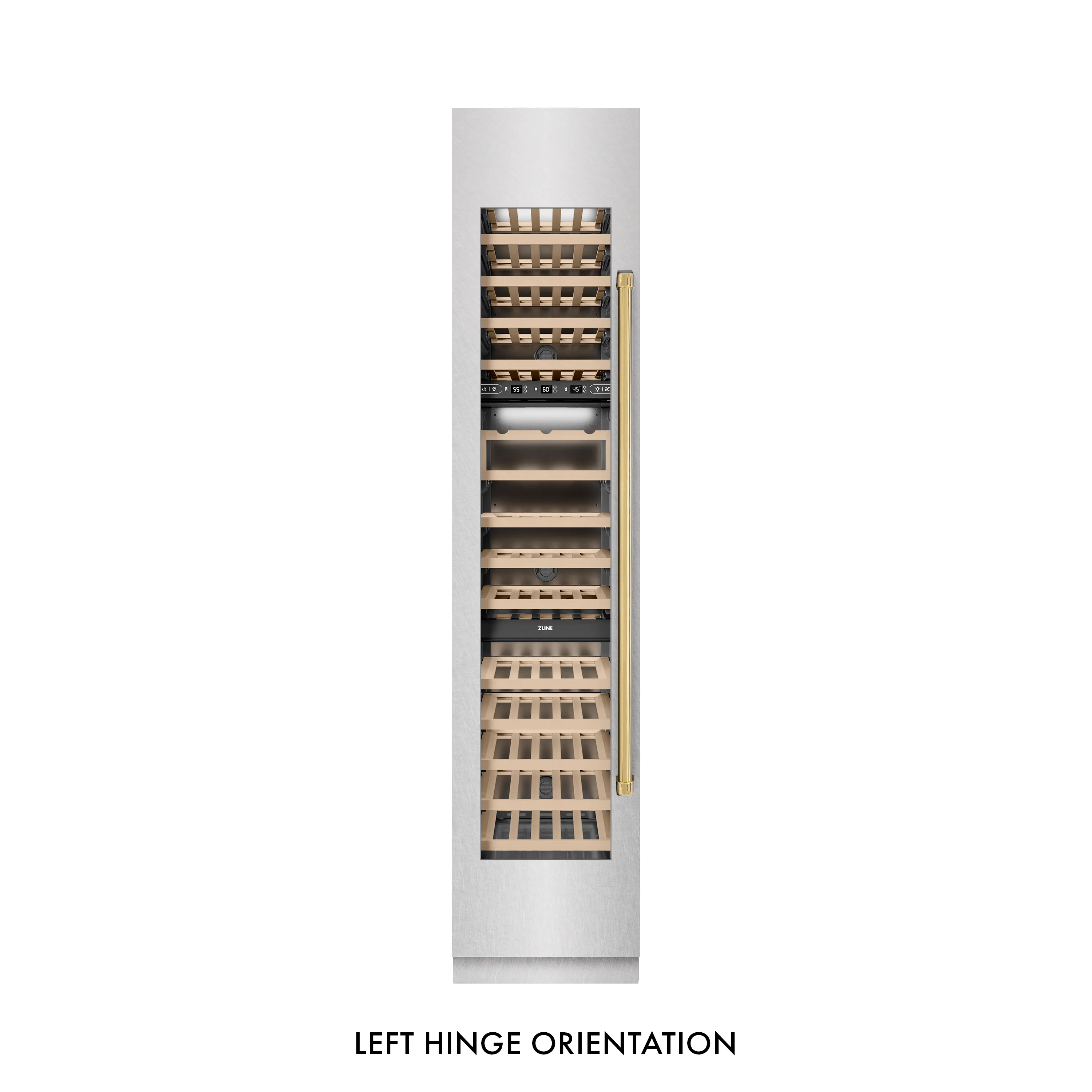 ZLINE Autograph Edition 18 in. 9.0 cu. ft. Triple Zone 68 Bottle Left Hinge Column Wine Cooler in Satin Stainless Steel with Polished Gold Accents (RCWVLZ-SN-18-G) - Image 4