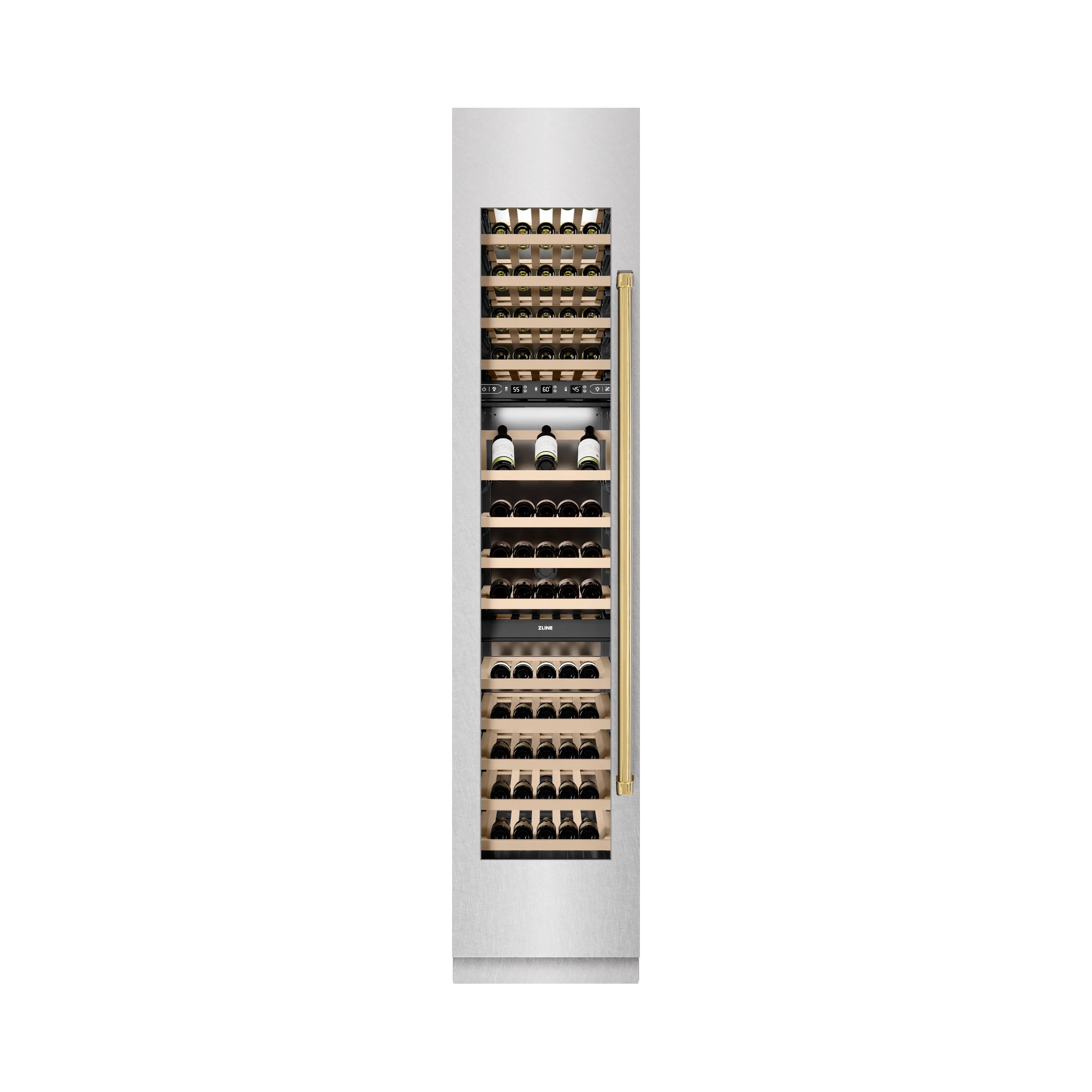 ZLINE Autograph Edition 18 in. 9.0 cu. ft. Triple Zone 68 Bottle Left Hinge Column Wine Cooler in Satin Stainless Steel with Polished Gold Accents (RCWVLZ-SN-18-G) - Image 5