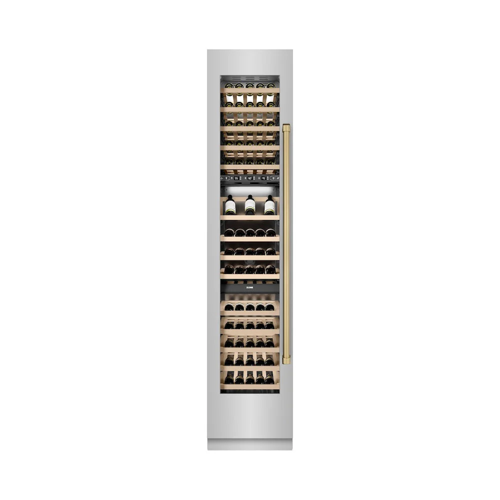 ZLINE Autograph Edition 18 in. 9.0 cu. ft. Triple Zone 68 Bottle Left Hinge Column Wine Cooler in Stainless Steel with Champagne Bronze Accents (RCWVLZ-30418-CB) - Image 2